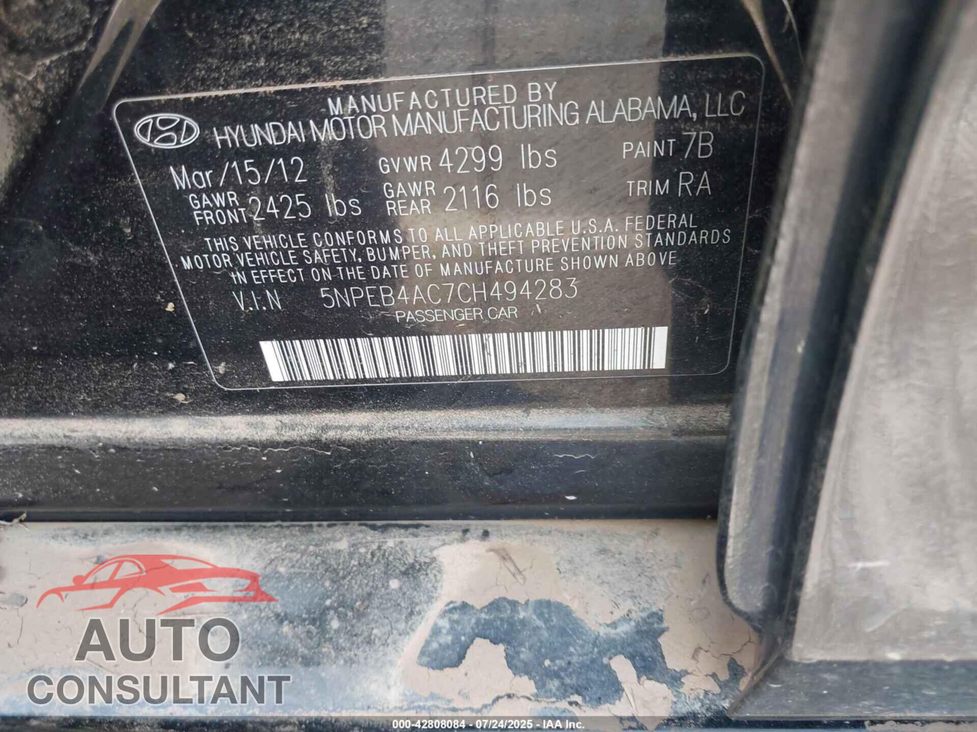 HYUNDAI SONATA 2012 - 5NPEB4AC7CH494283