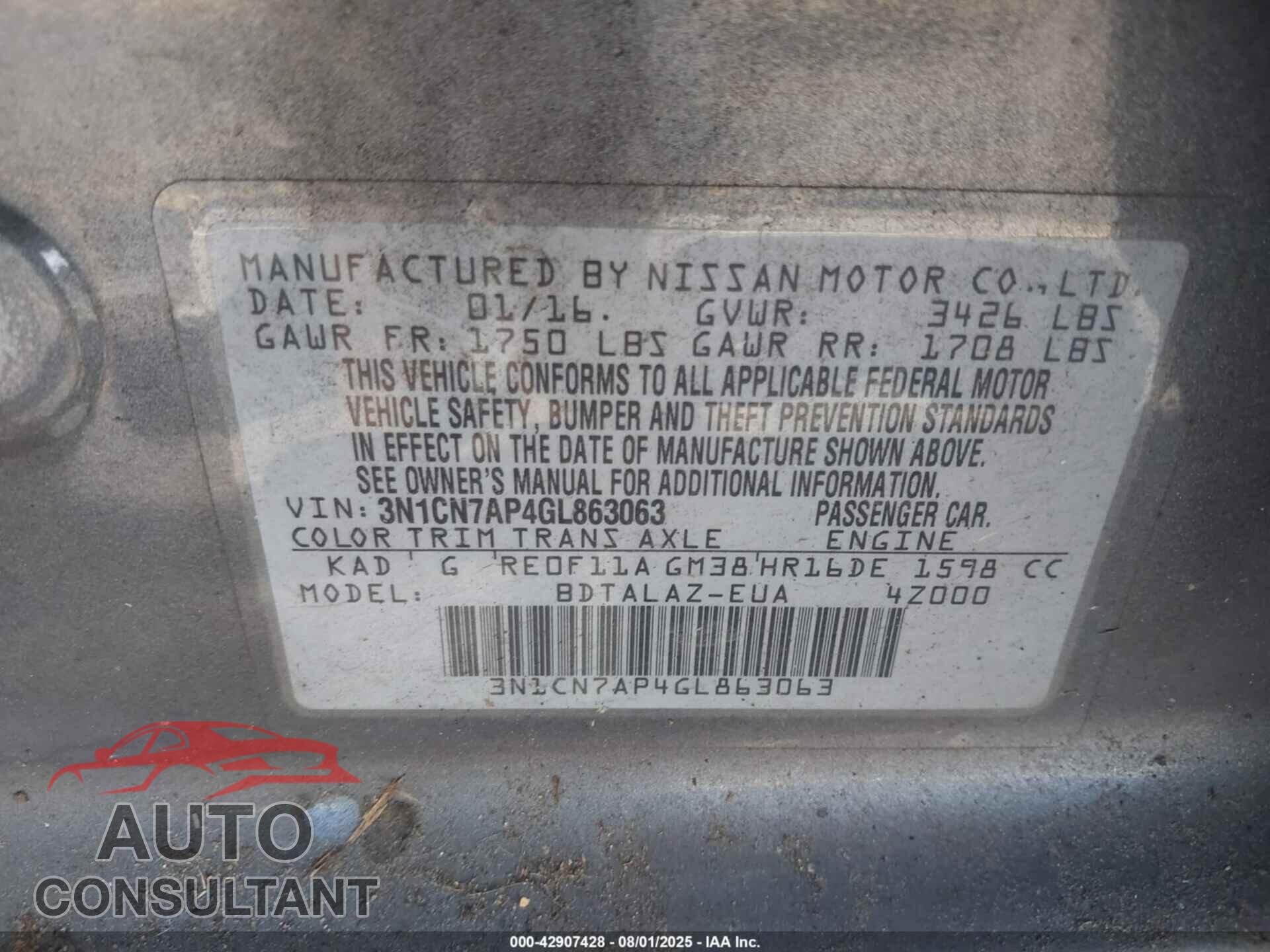 NISSAN VERSA 2016 - 3N1CN7AP4GL863063