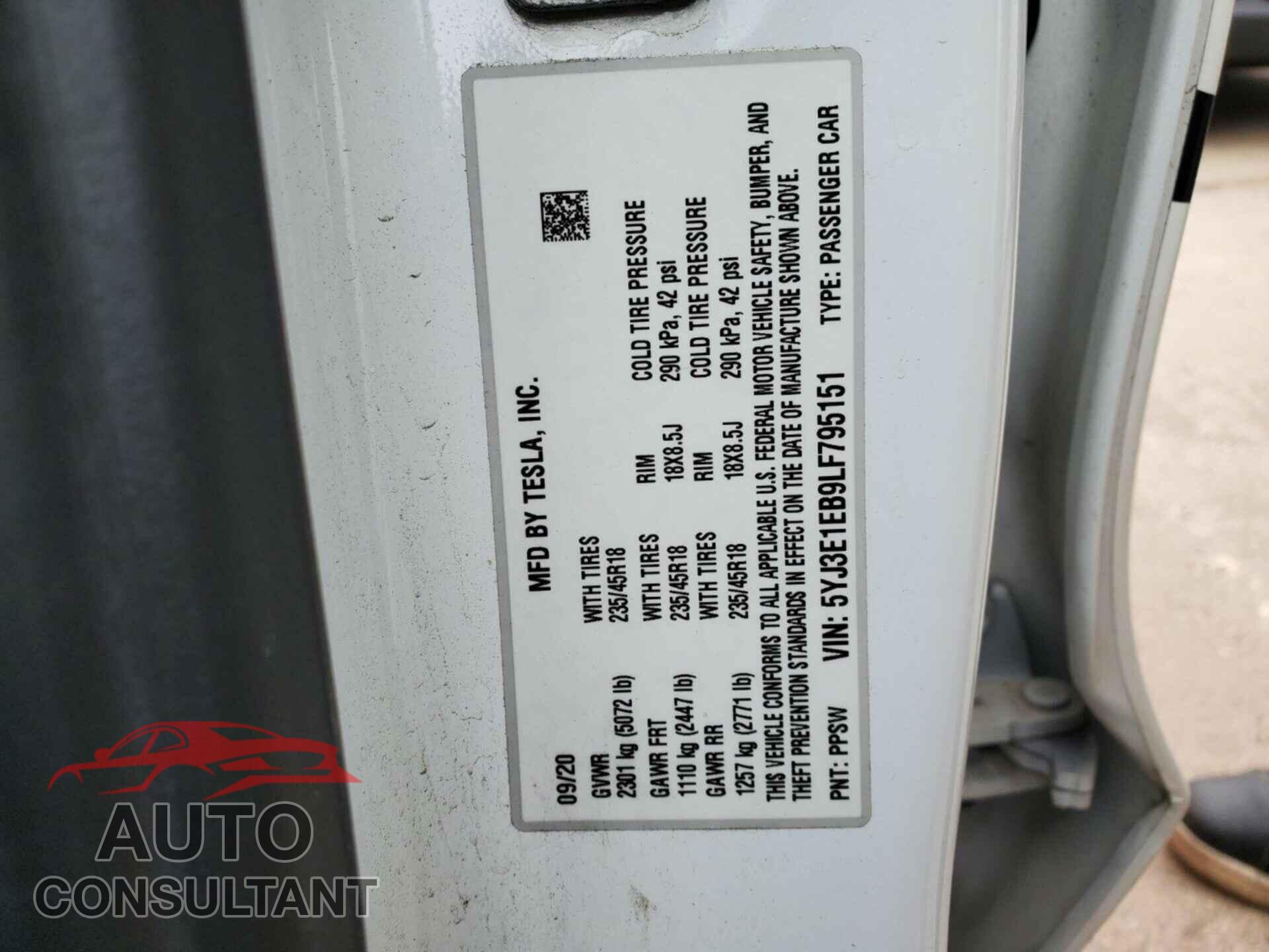 TESLA MODEL 3 2020 - 5YJ3E1EB9LF795151
