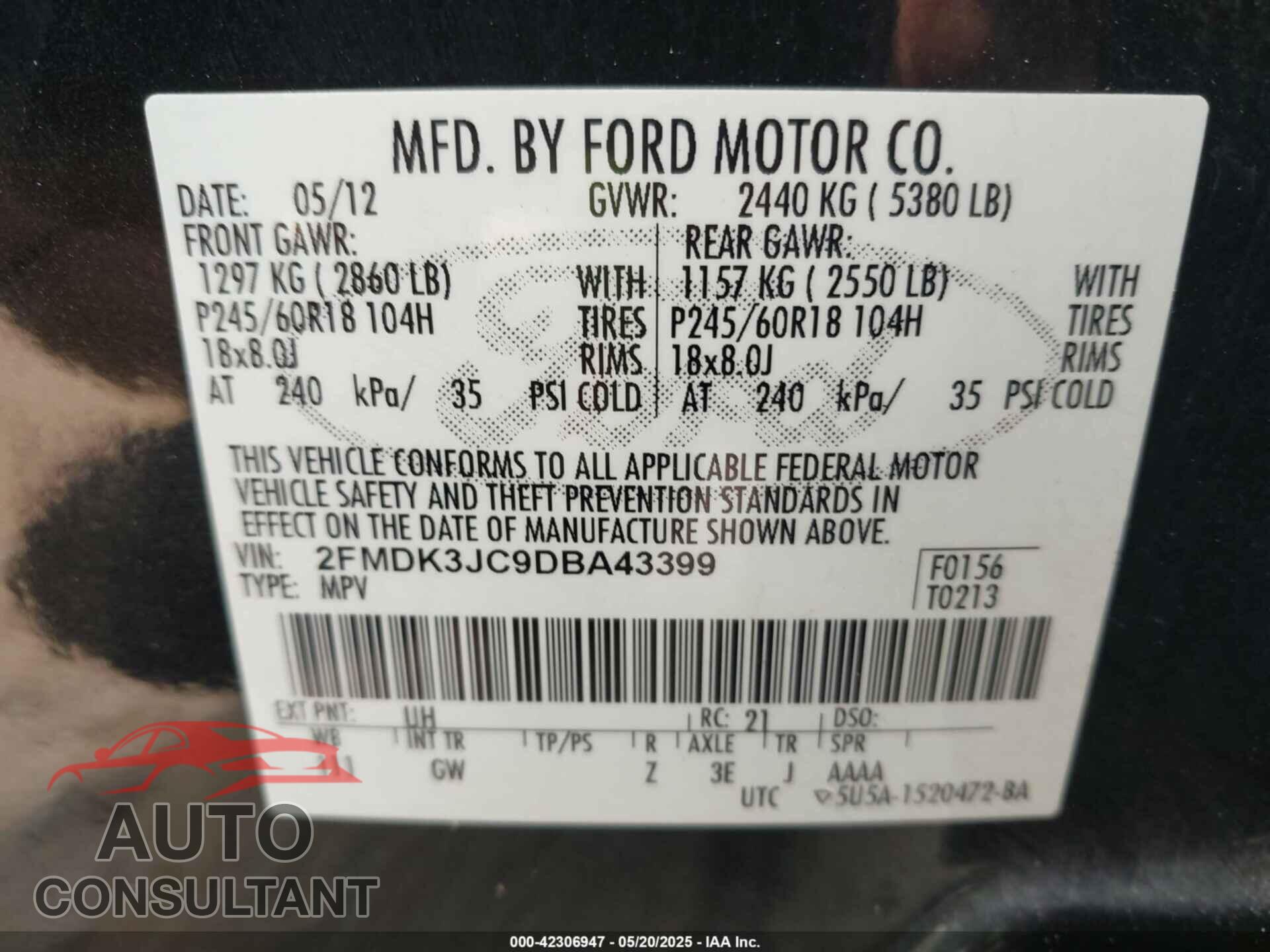 FORD EDGE 2013 - 2FMDK3JC9DBA43399