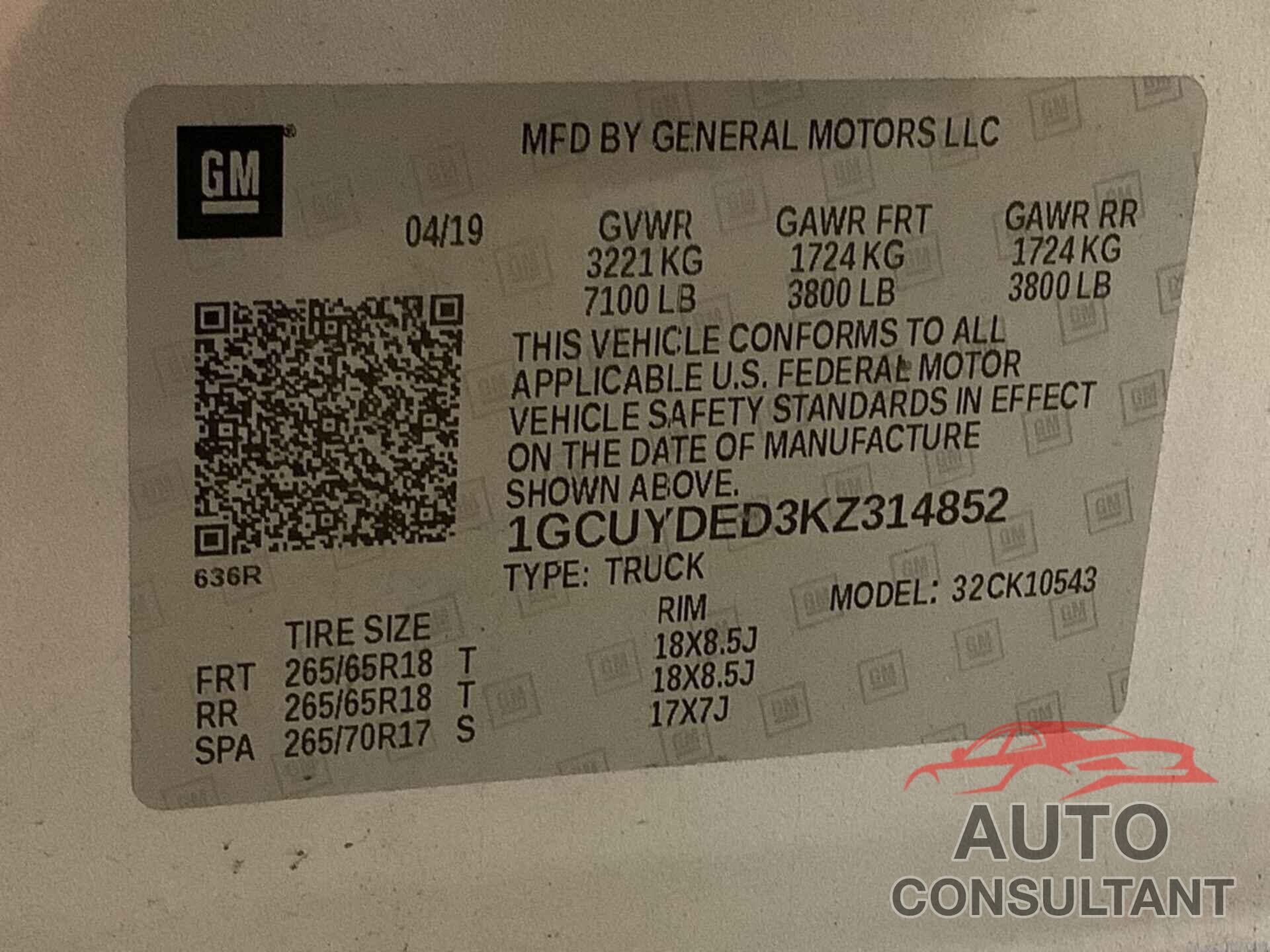 CHEVROLET SILVERADO 2019 - 1GCUYDED3KZ314852