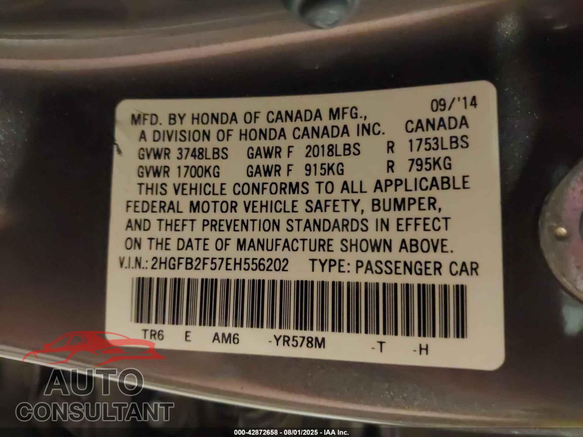 HONDA CIVIC 2014 - 2HGFB2F57EH556202