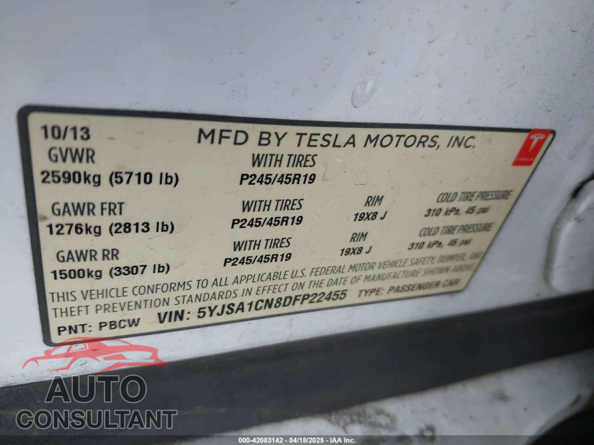 TESLA MODEL S 2013 - 5YJSA1CN8DFP22455