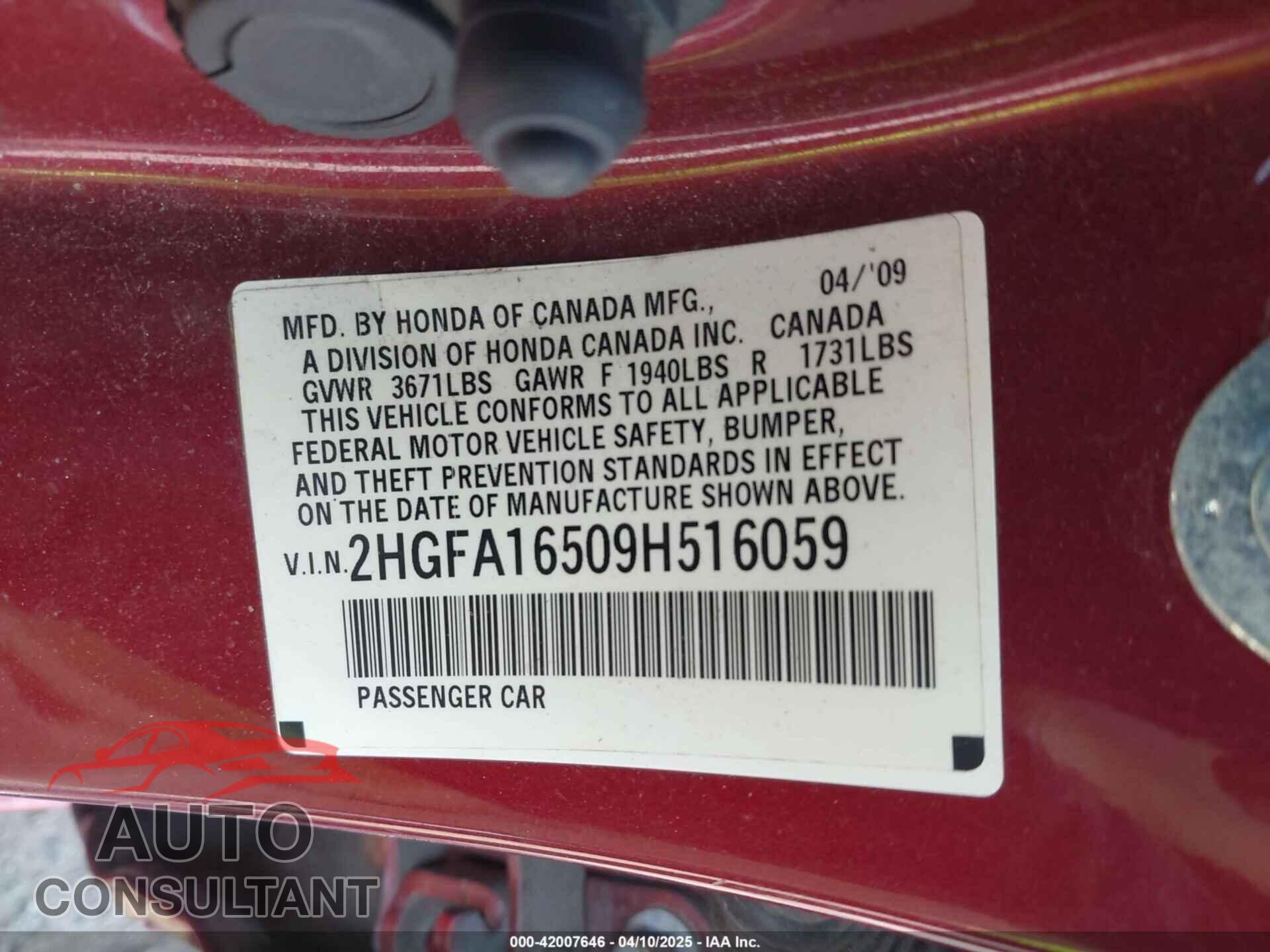 HONDA CIVIC 2009 - 2HGFA16509H516059