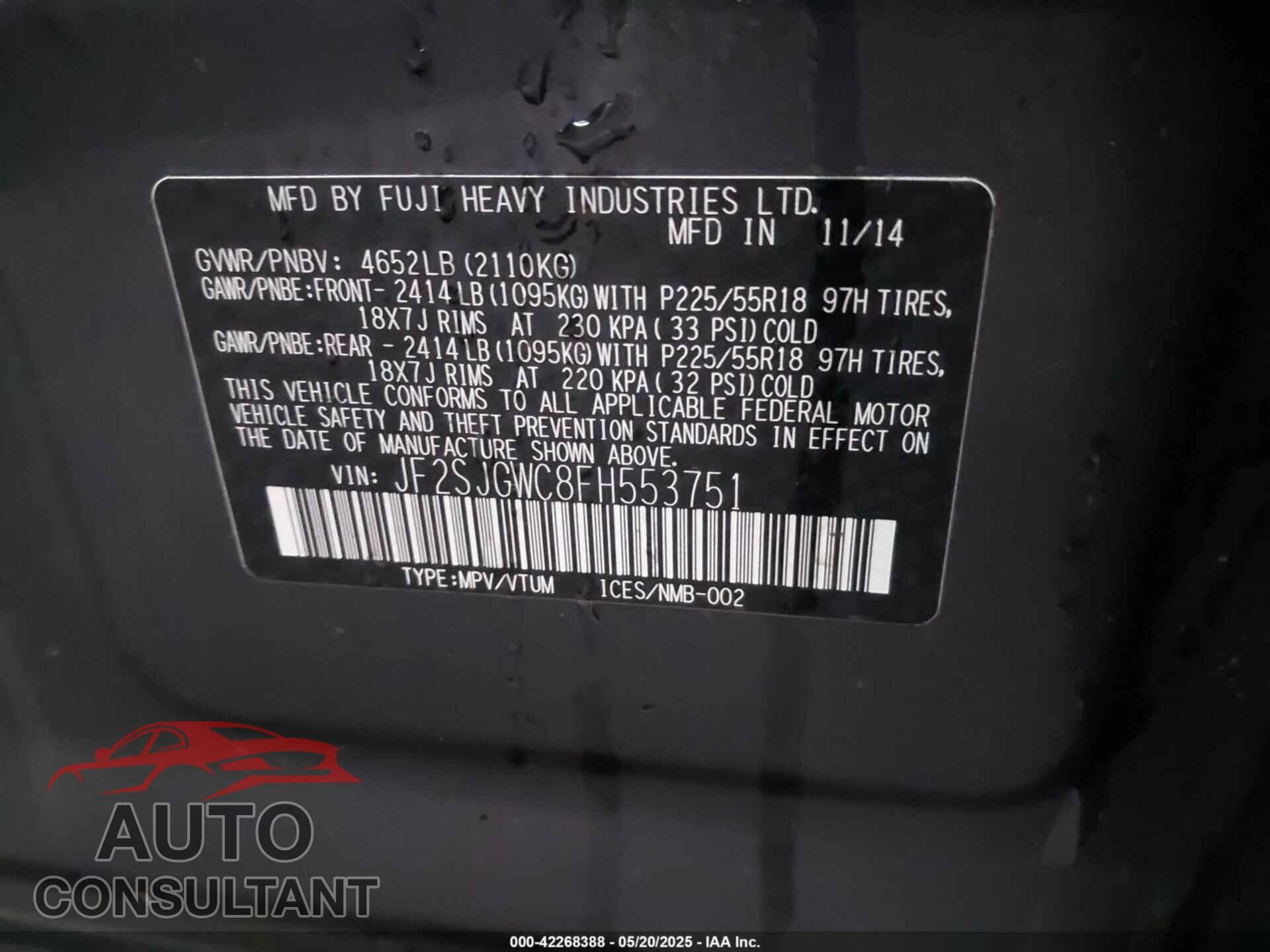 SUBARU FORESTER 2015 - JF2SJGWC8FH553751