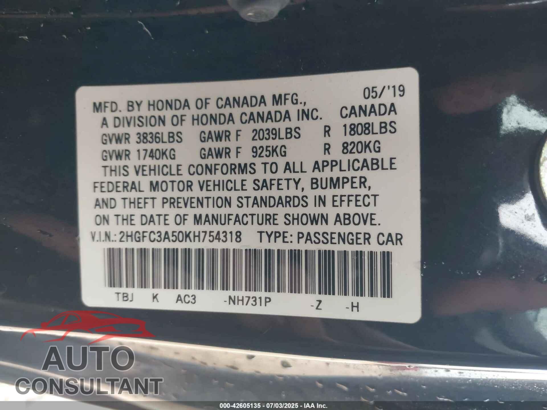 HONDA CIVIC SI 2019 - 2HGFC3A50KH754318