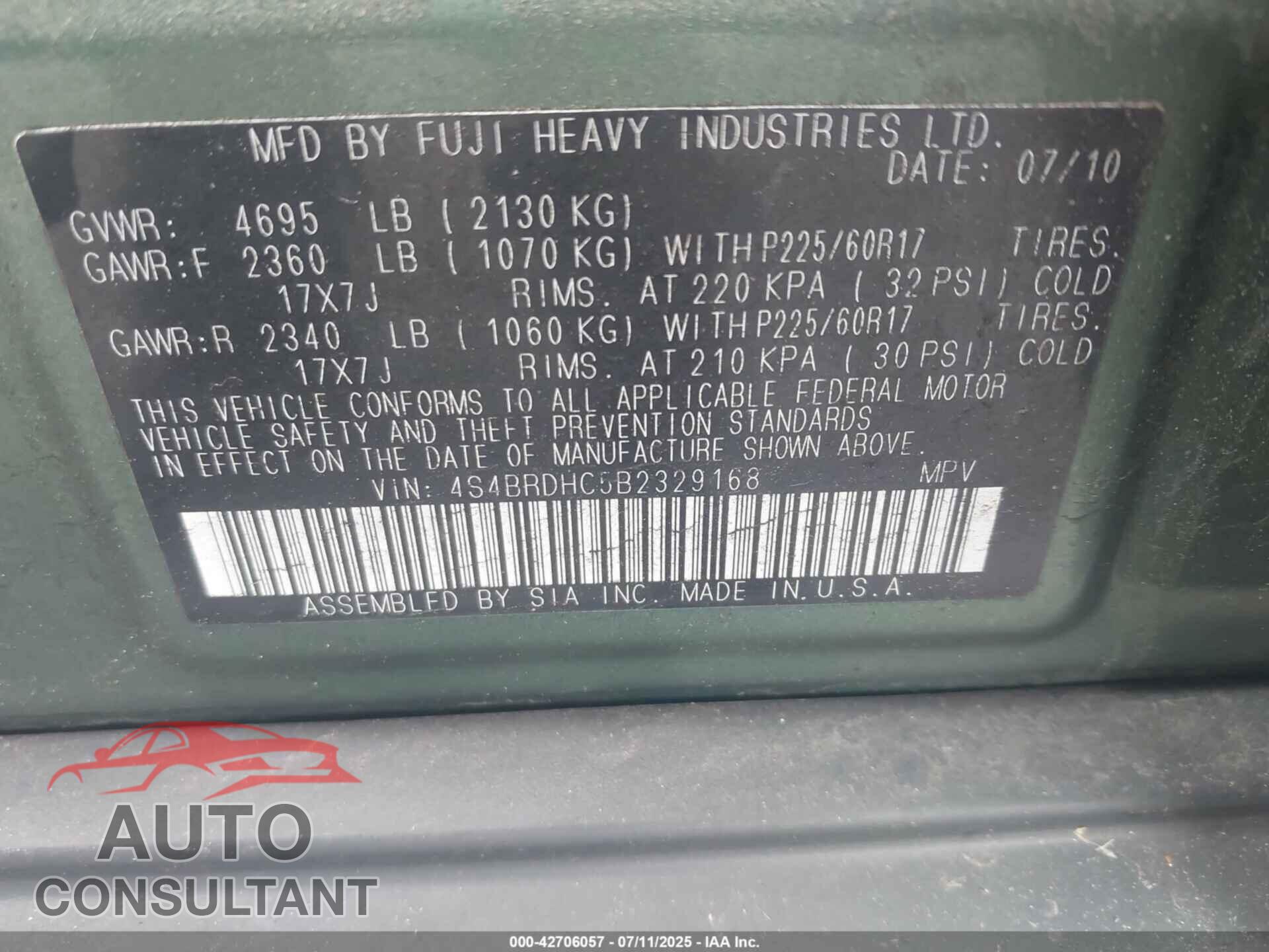 SUBARU OUTBACK 2011 - 4S4BRDHC5B2329168