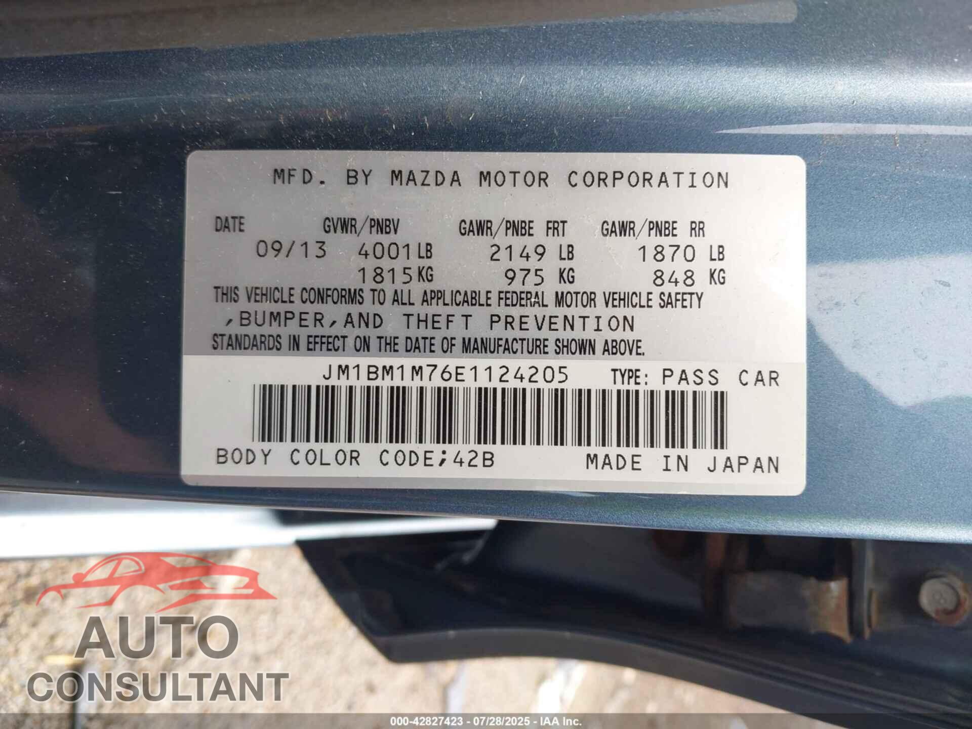 MAZDA MAZDA3 2014 - JM1BM1M76E1124205