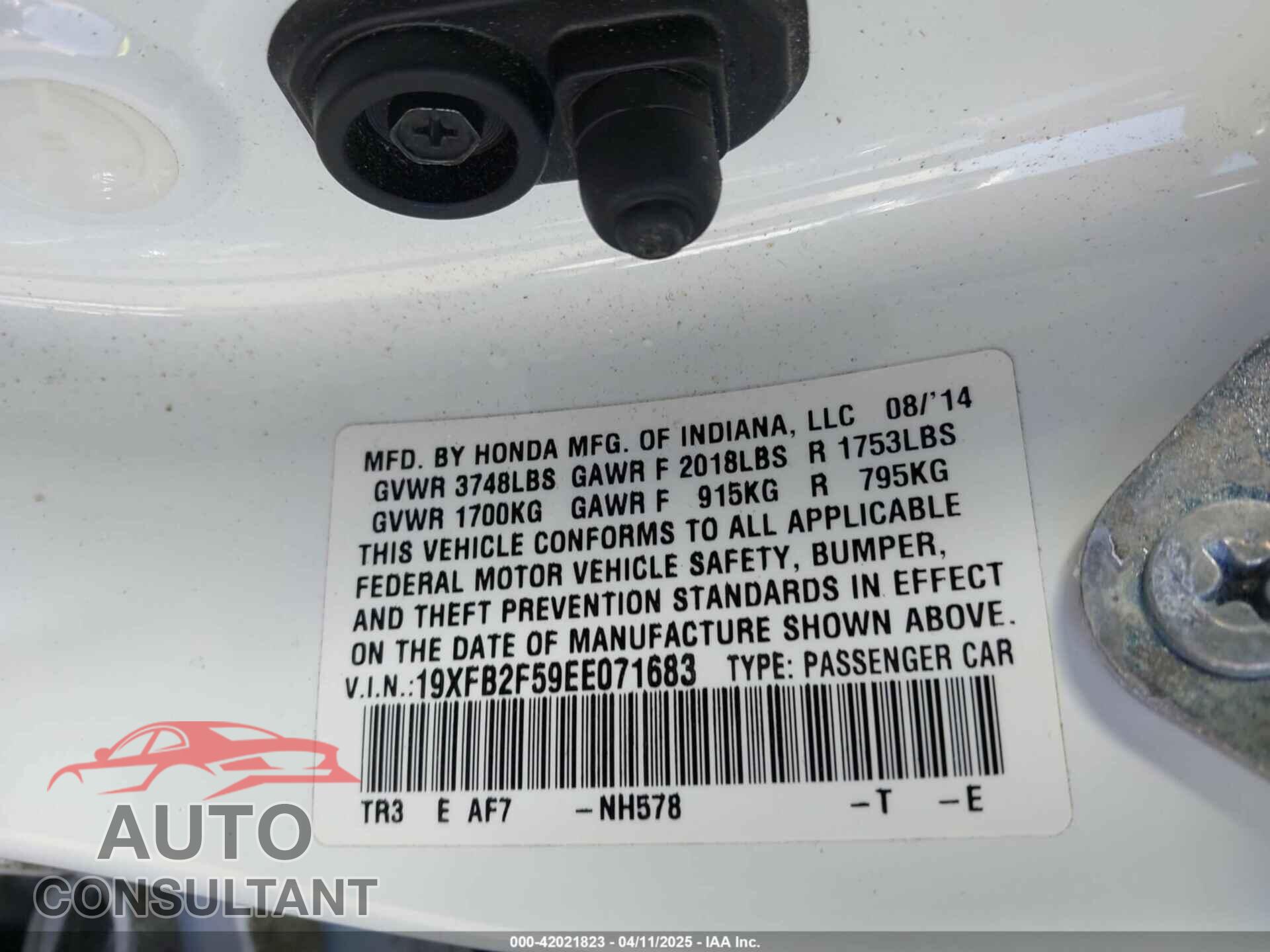 HONDA CIVIC 2014 - 19XFB2F59EE071683