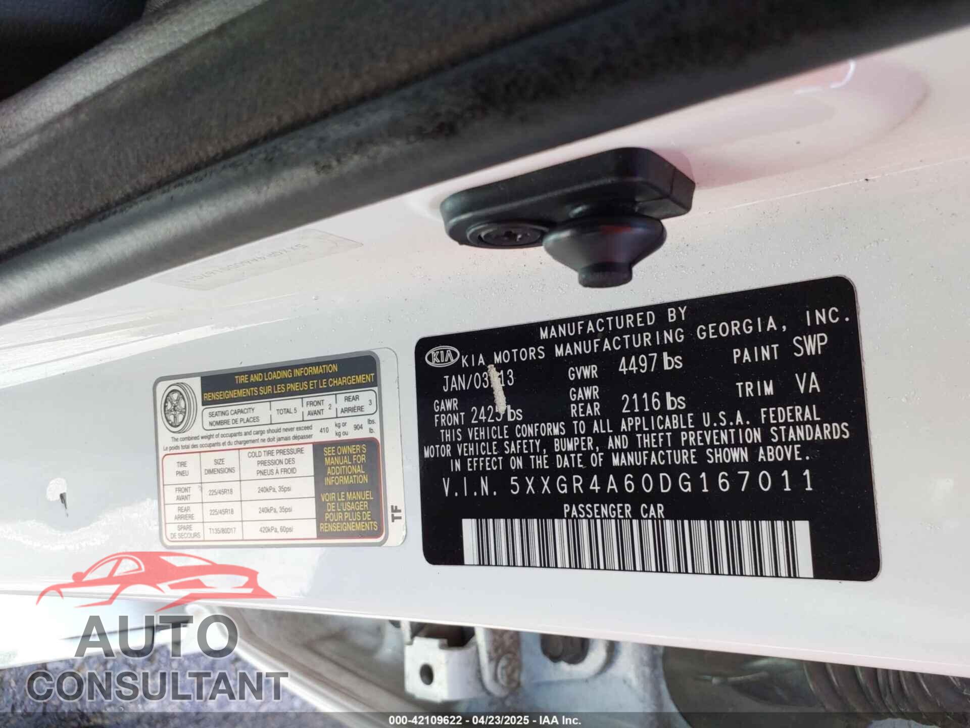 KIA OPTIMA 2013 - 5XXGR4A60DG167011
