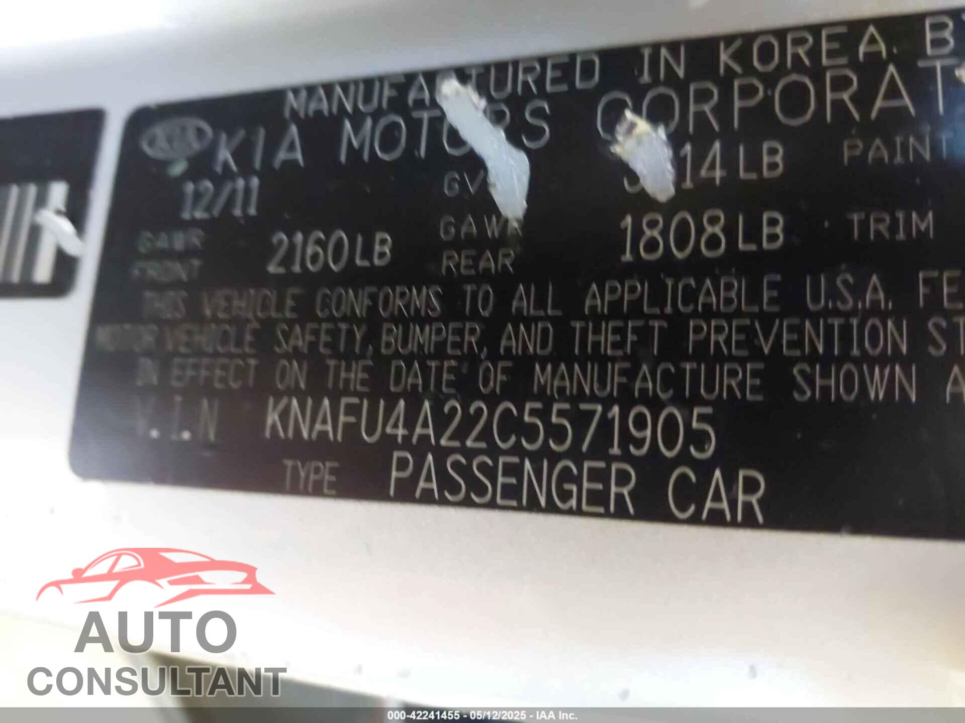 KIA FORTE 2012 - KNAFU4A22C5571905