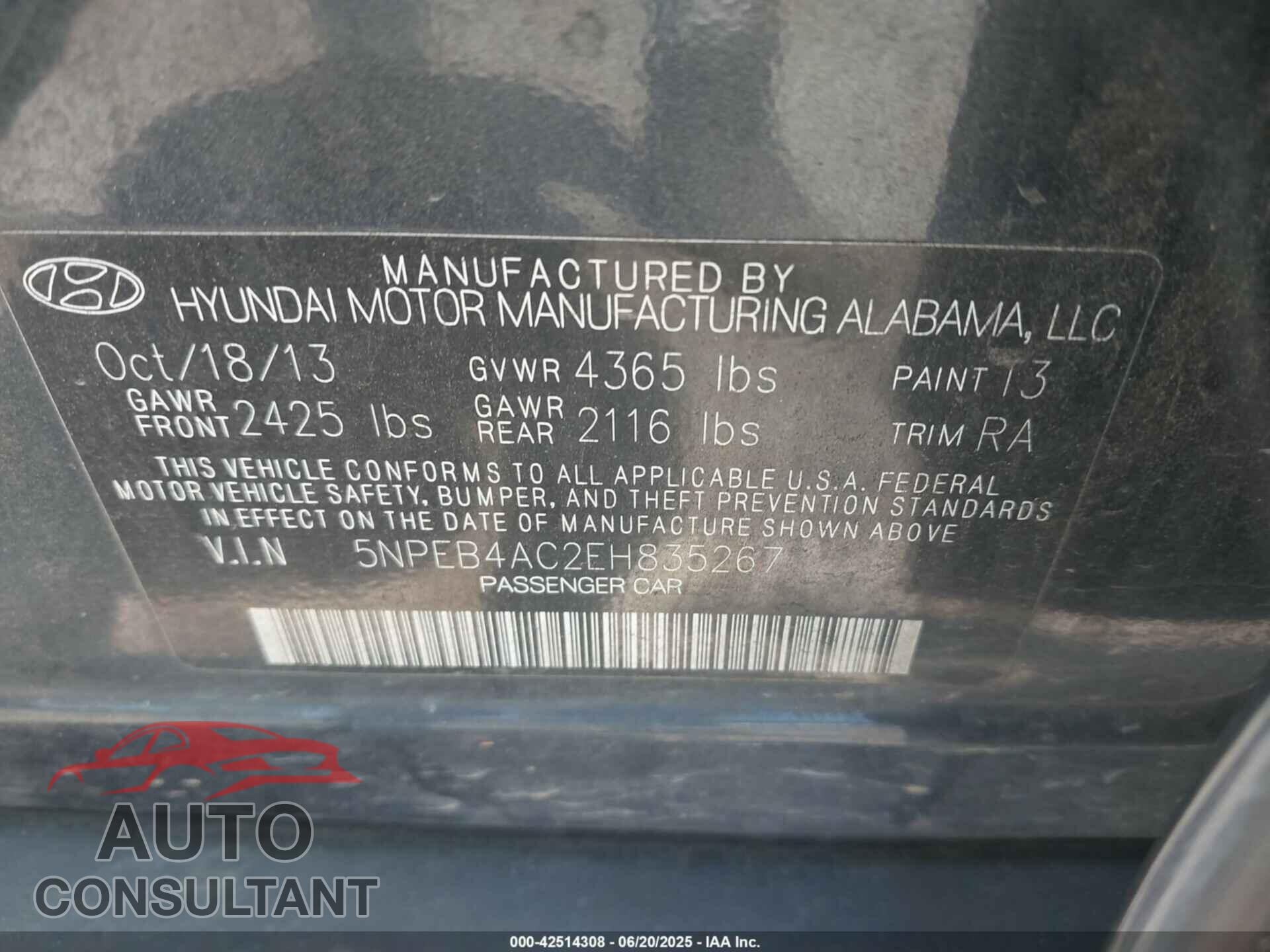 HYUNDAI SONATA 2014 - 5NPEB4AC2EH835267