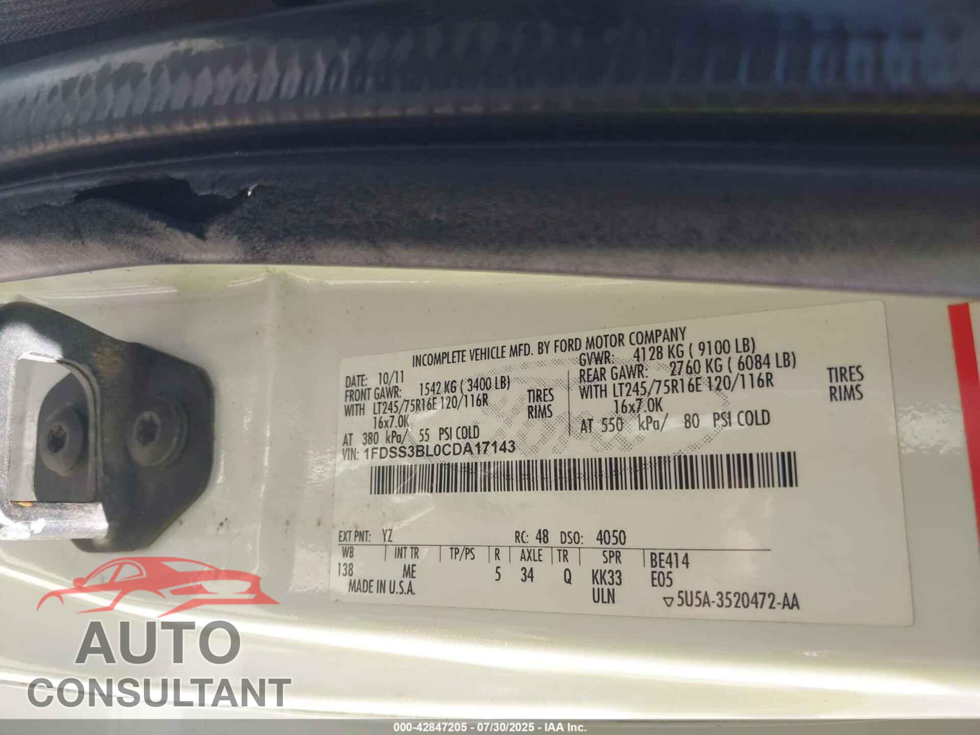 FORD E-350 SUPER DUTY 2012 - 1FDSS3BL0CDA17143