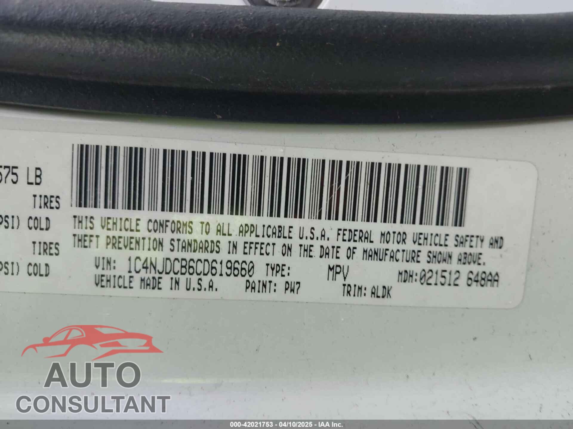 JEEP COMPASS 2012 - 1C4NJDCB6CD619660