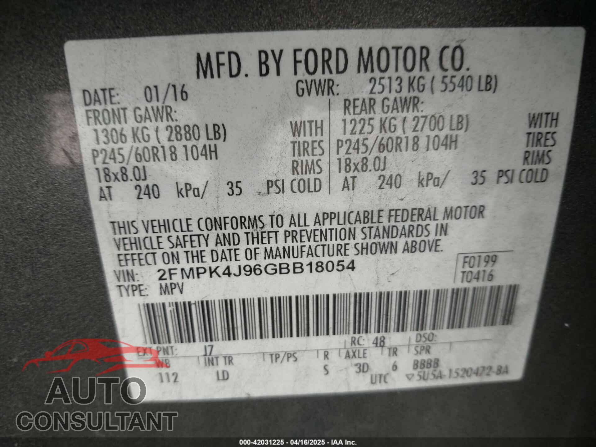 FORD EDGE 2016 - 2FMPK4J96GBB18054