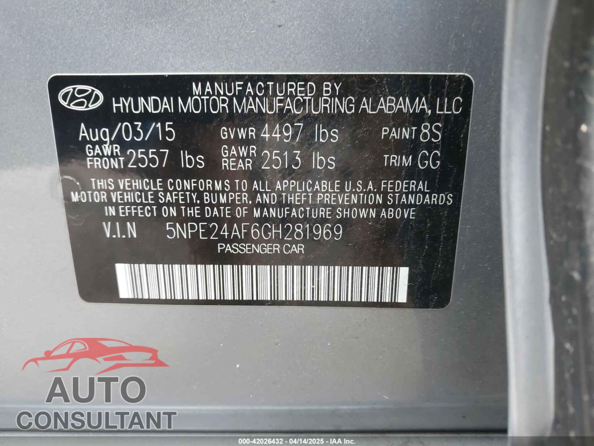 HYUNDAI SONATA 2016 - 5NPE24AF6GH281969