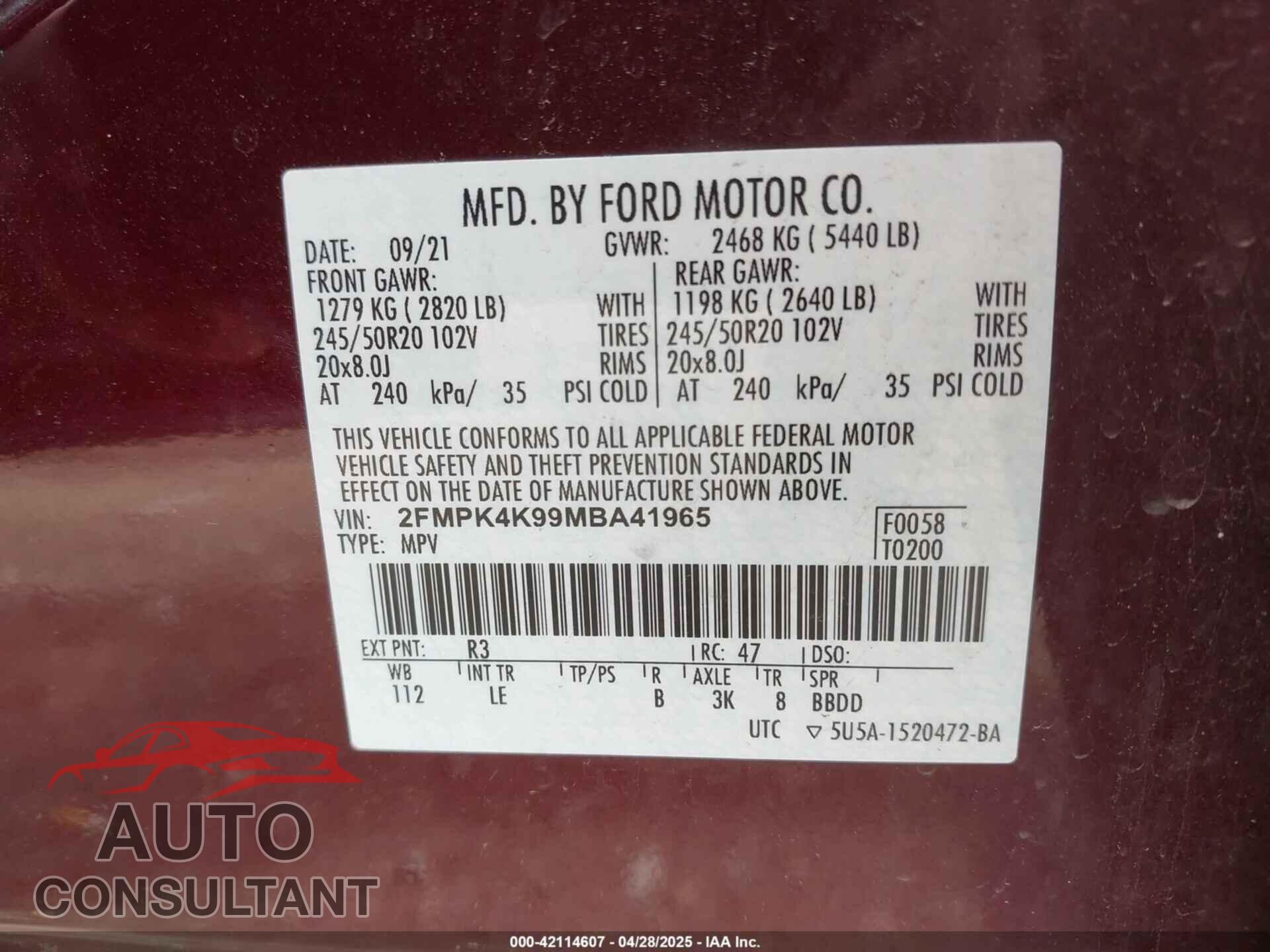 FORD EDGE 2021 - 2FMPK4K99MBA41965
