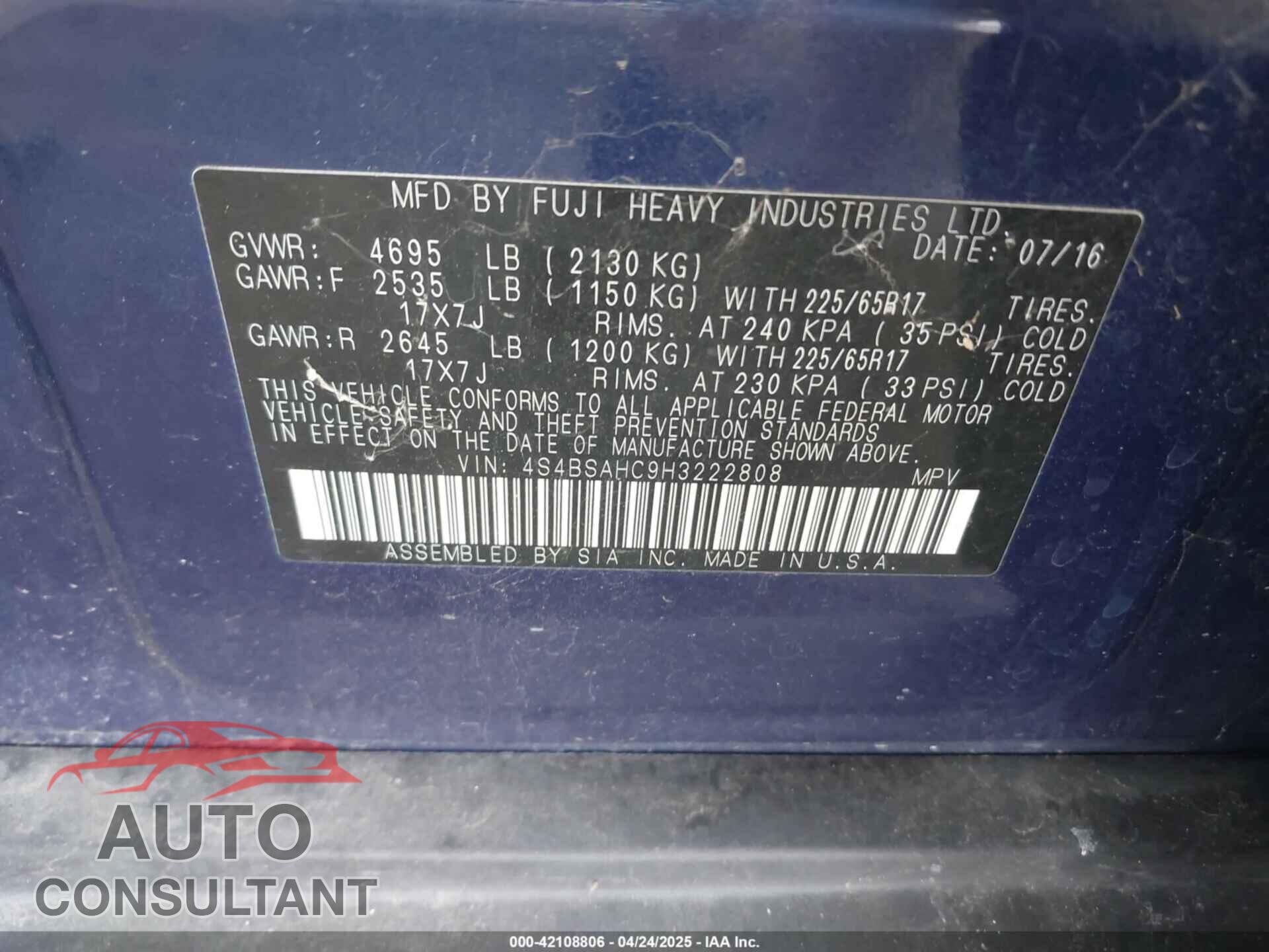 SUBARU OUTBACK 2017 - 4S4BSAHC9H3222808