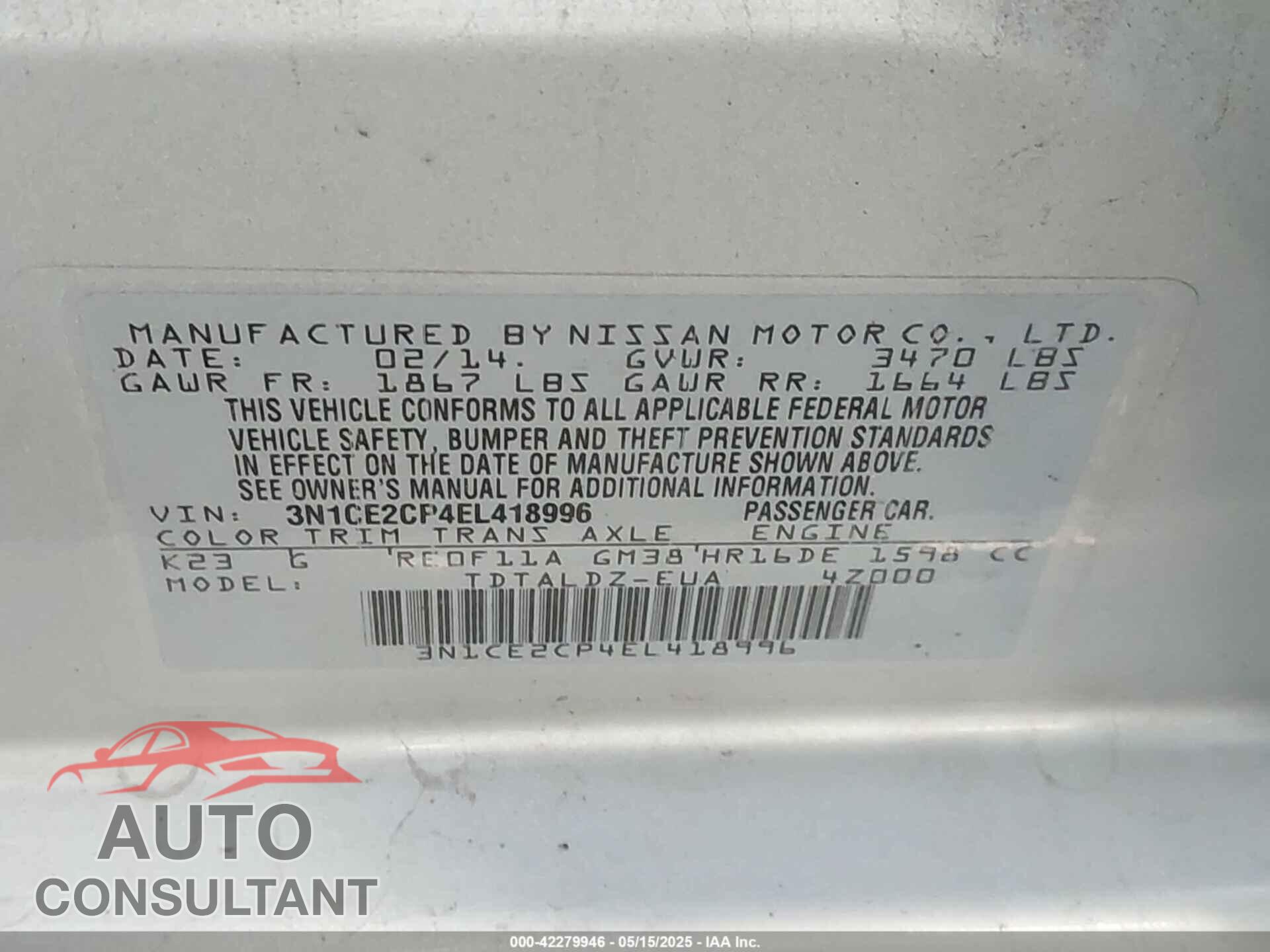 NISSAN VERSA NOTE 2014 - 3N1CE2CP4EL418996