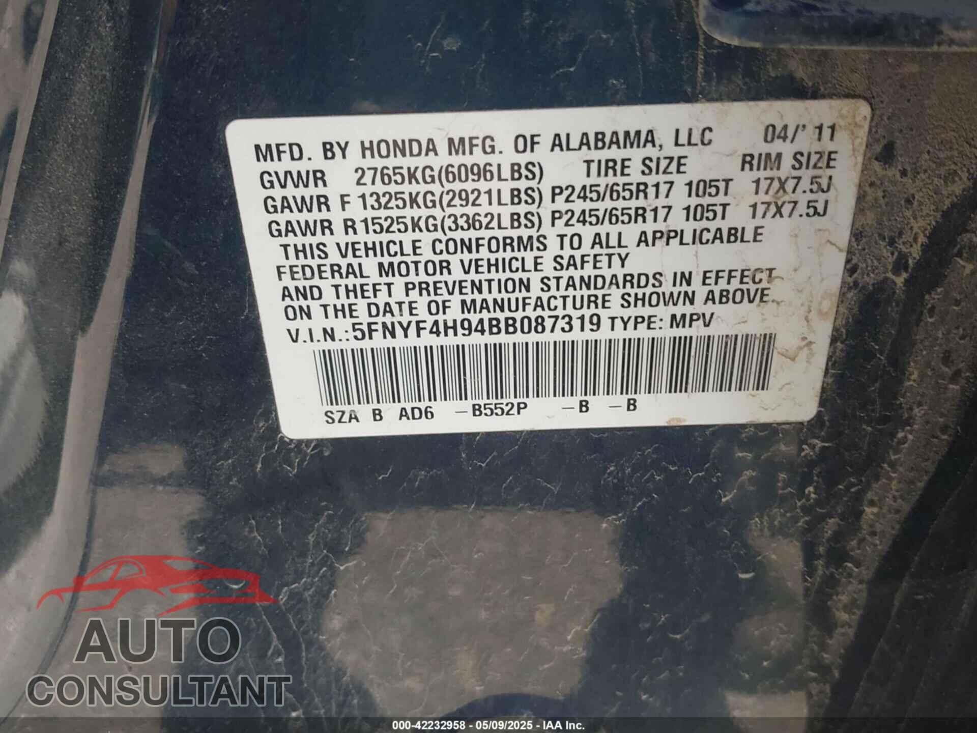 HONDA PILOT 2011 - 5FNYF4H94BB087319