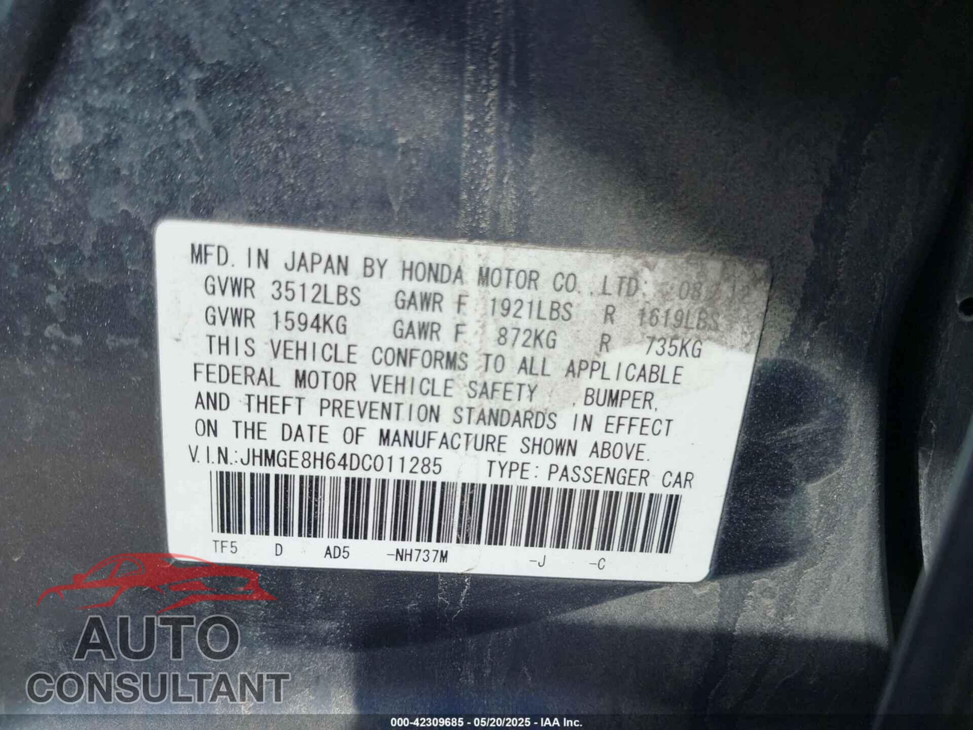 HONDA FIT 2013 - JHMGE8H64DC011285