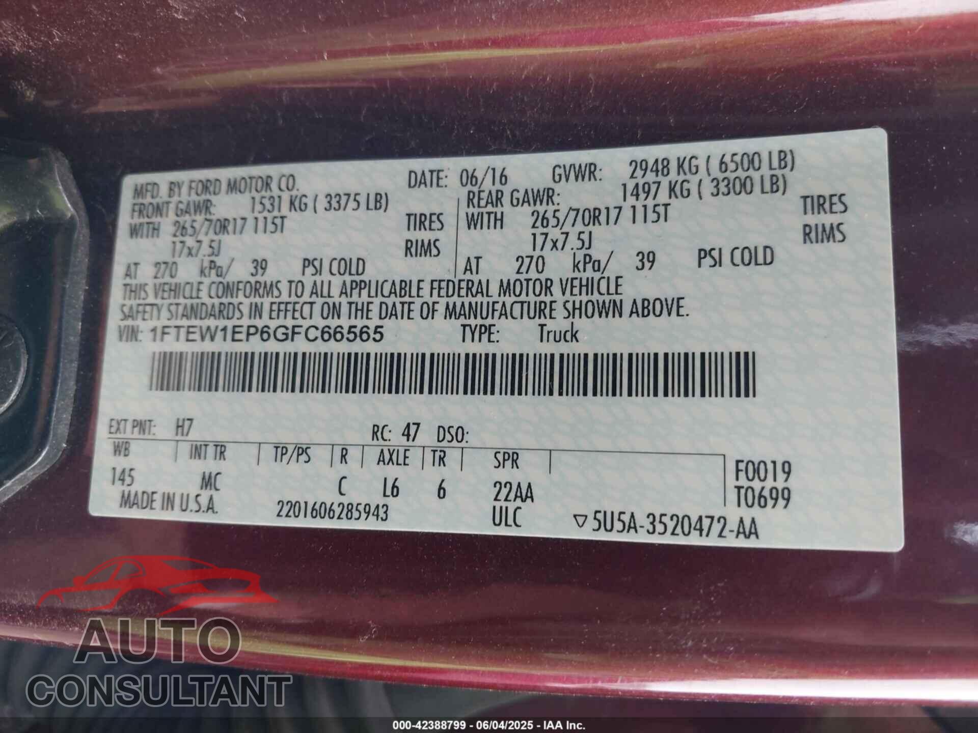 FORD F150 2016 - 1FTEW1EP6GFC66565