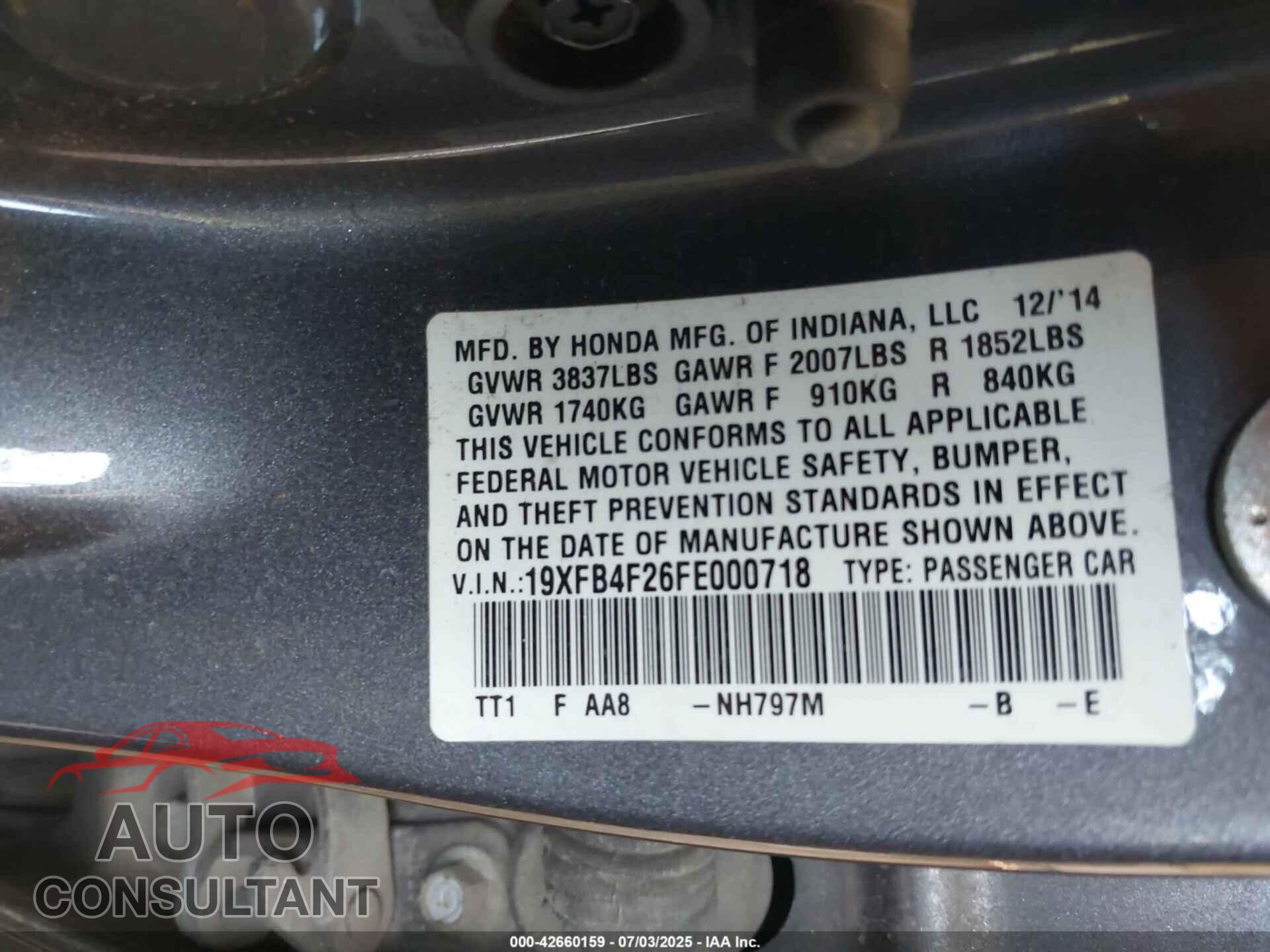 HONDA CIVIC 2015 - 19XFB4F26FE000718