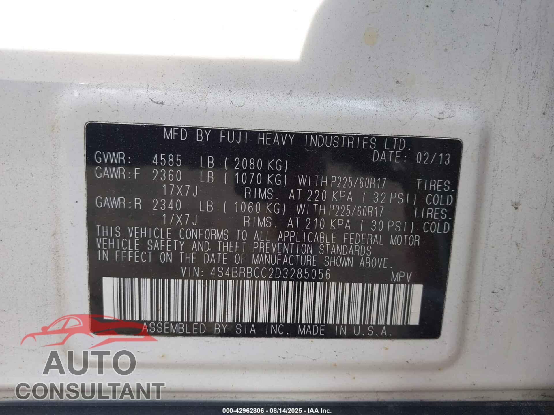 SUBARU OUTBACK 2013 - 4S4BRBCC2D3285056