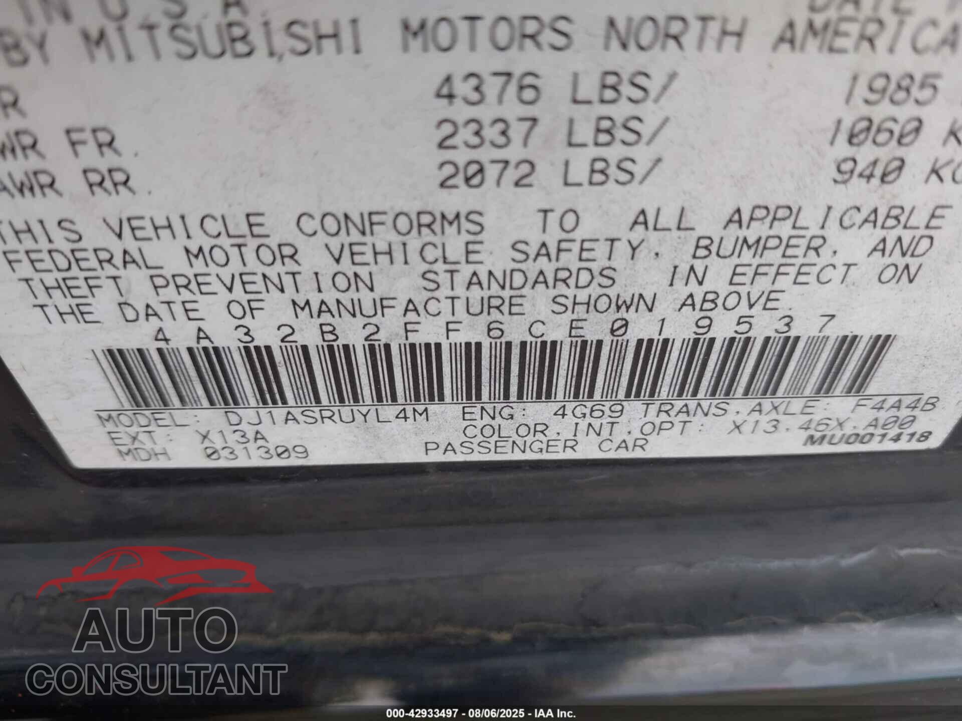 MITSUBISHI GALANT 2012 - 4A32B2FF6CE019537