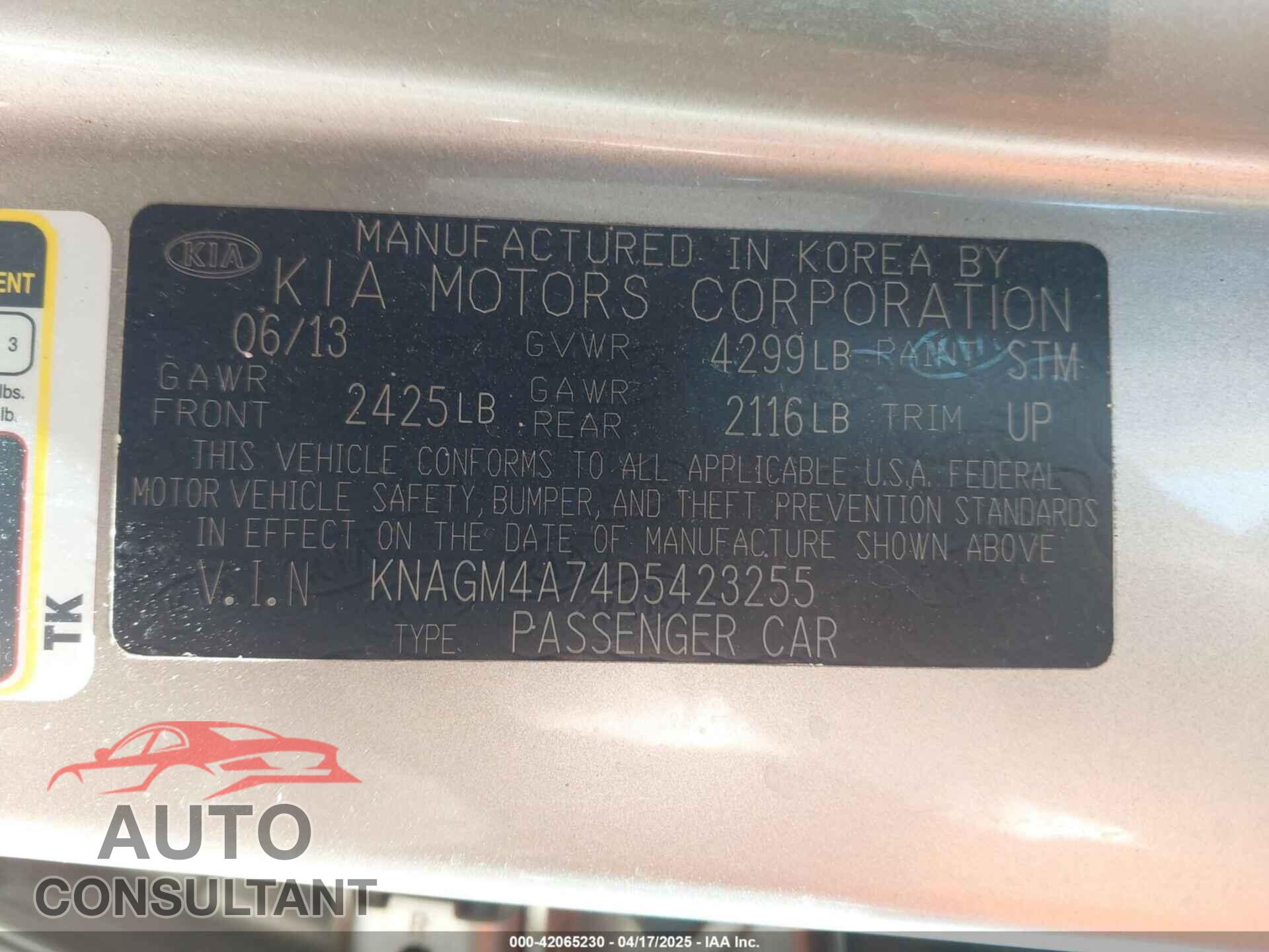KIA OPTIMA 2013 - KNAGM4A74D5423255