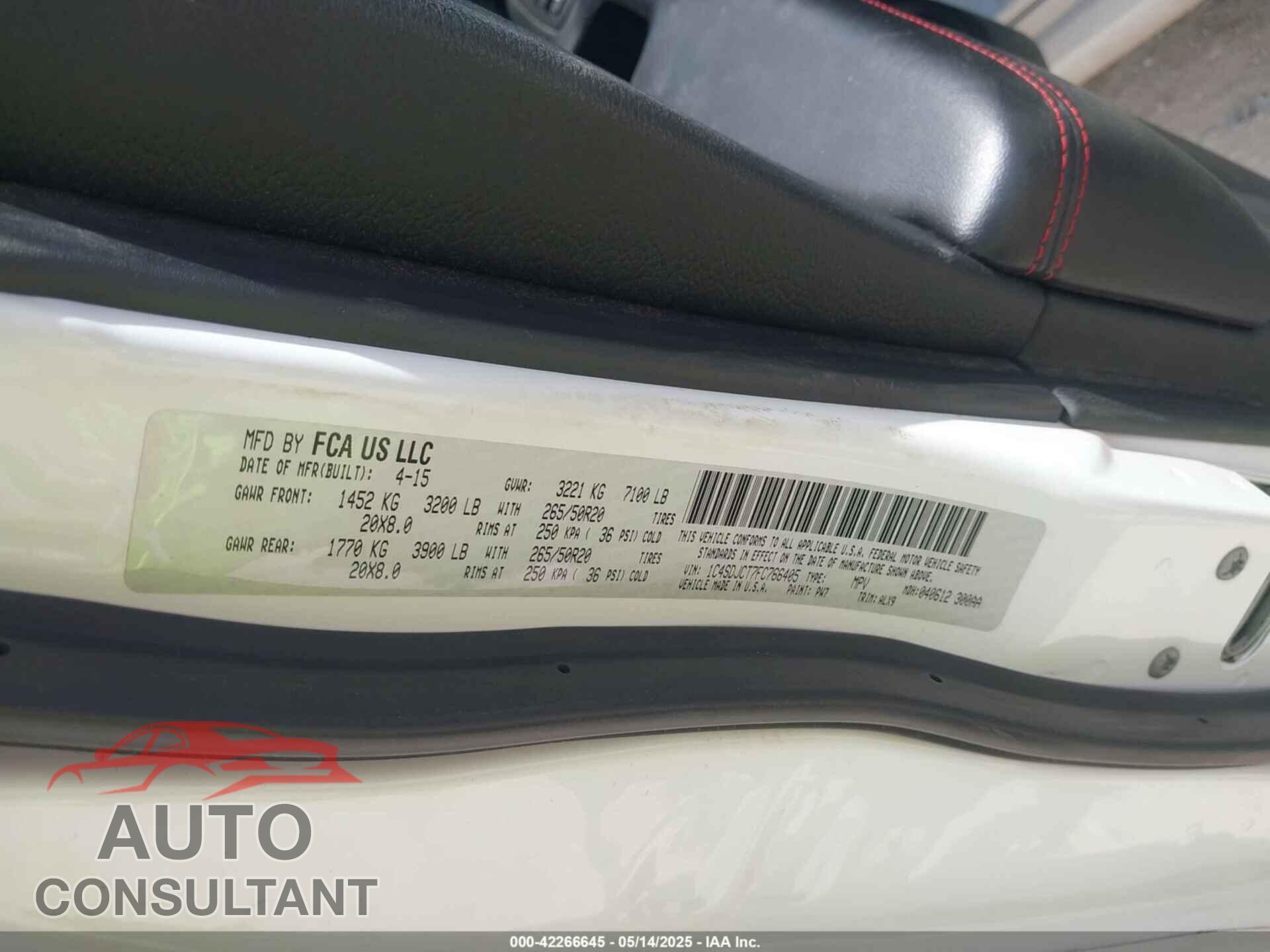 DODGE DURANGO 2015 - 1C4SDJCT7FC766405
