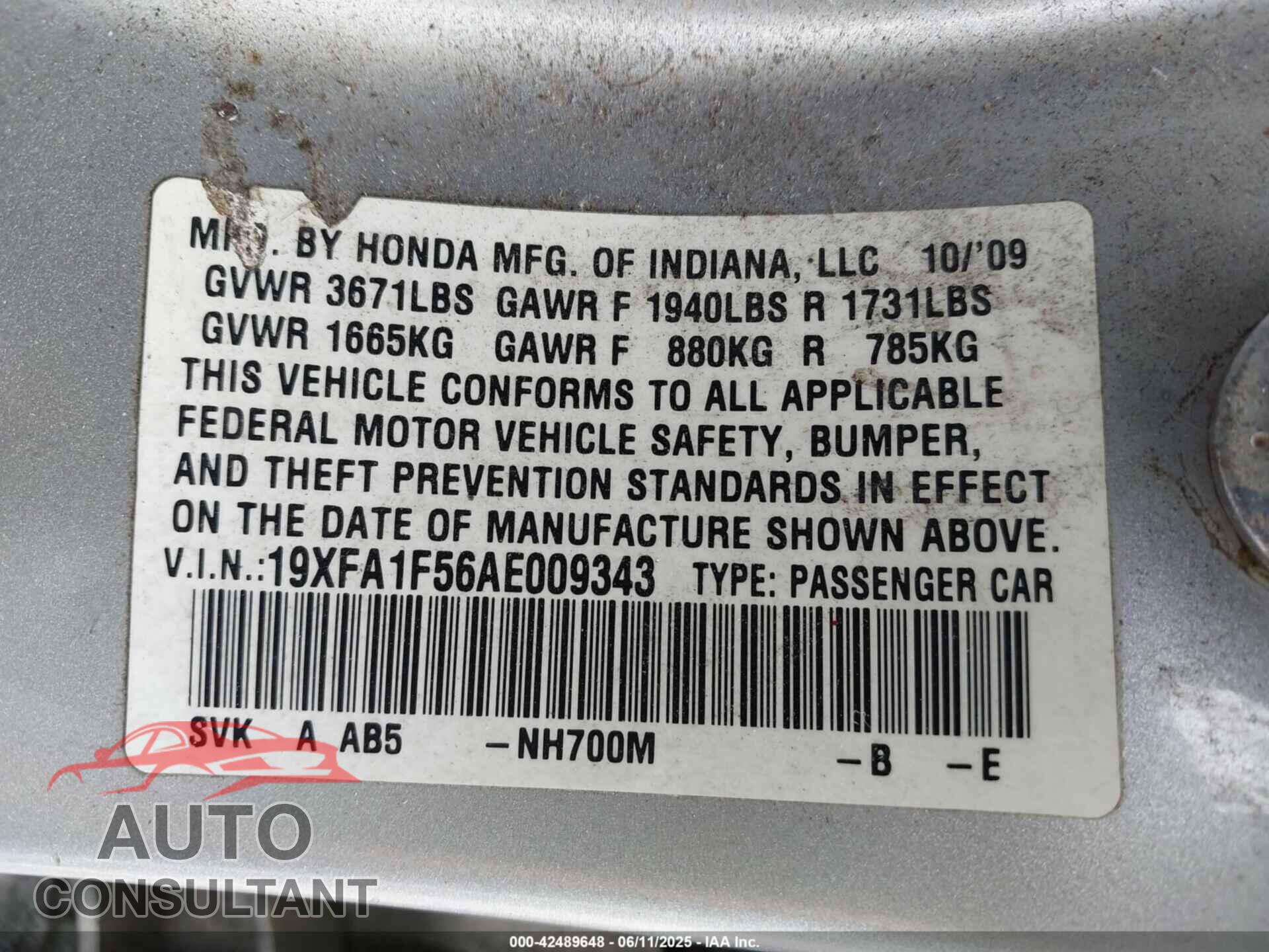 HONDA CIVIC 2010 - 19XFA1F56AE009343