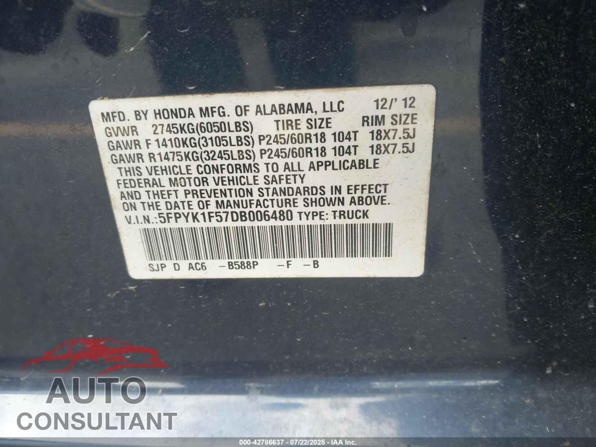 HONDA RIDGELINE 2013 - 5FPYK1F57DB006480
