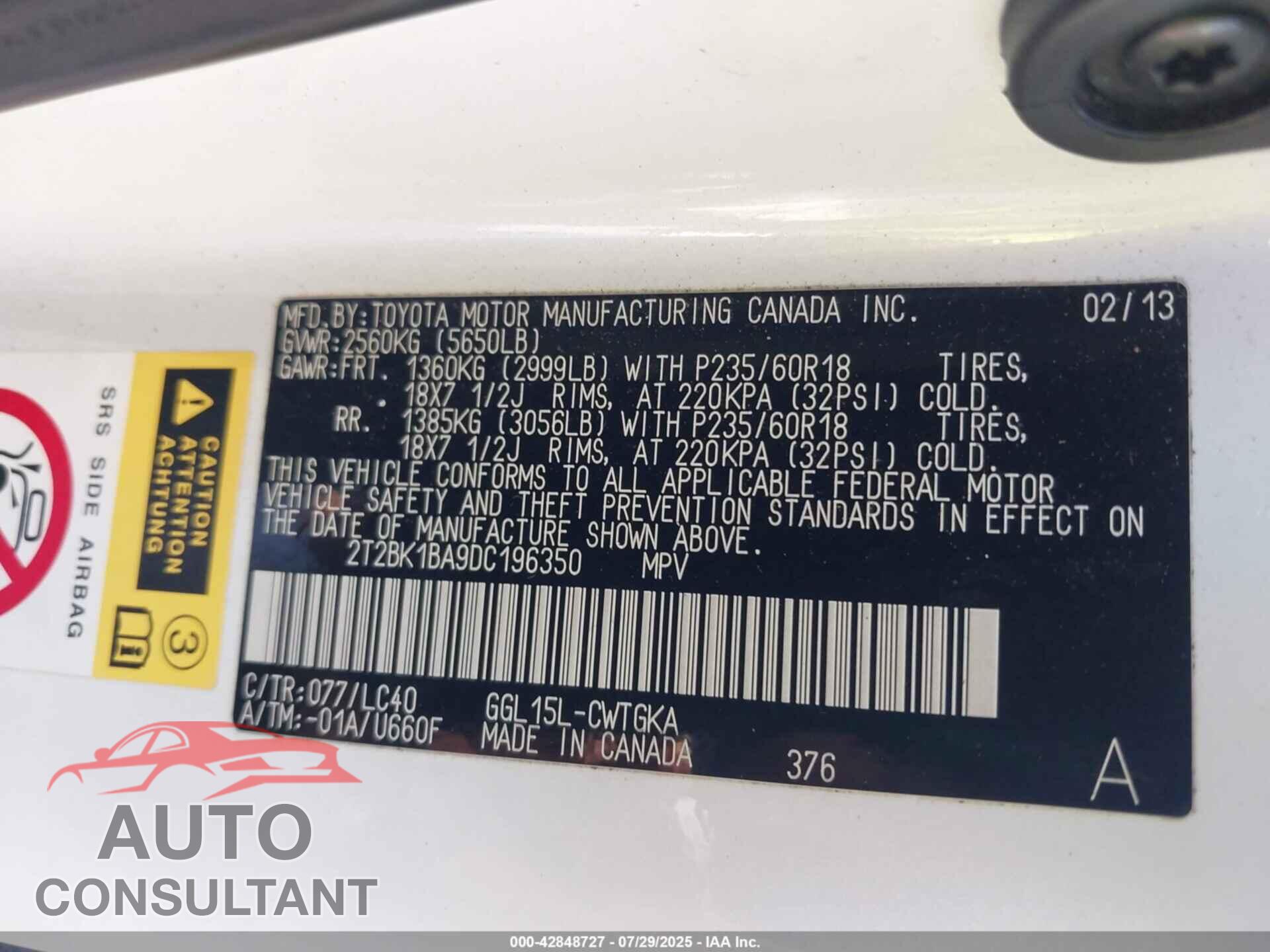 LEXUS RX 350 2013 - 2T2BK1BA9DC196350