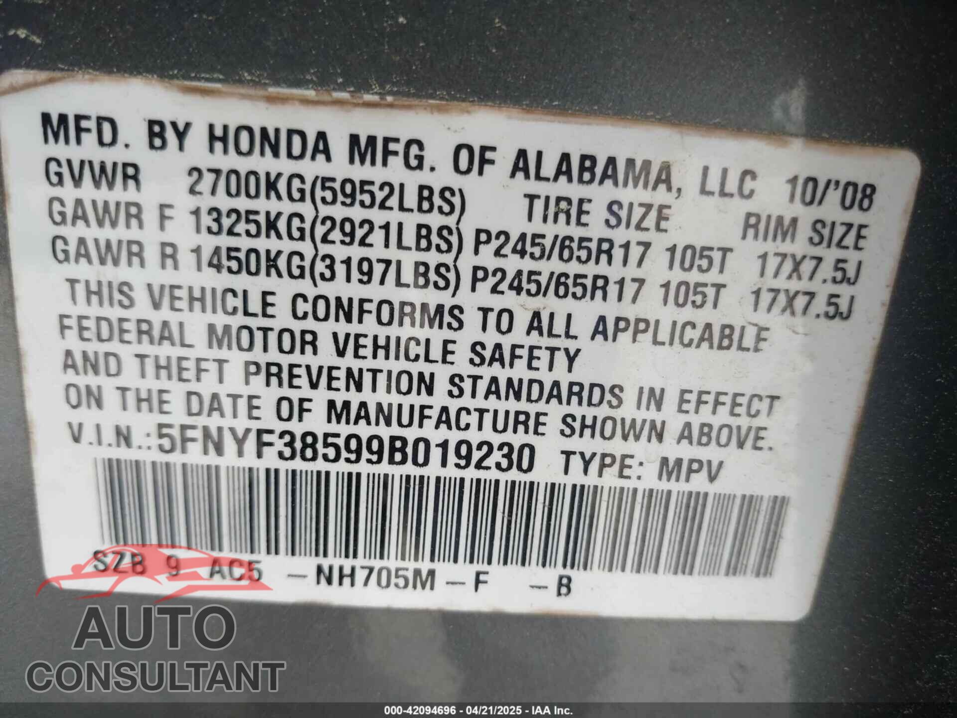 HONDA PILOT 2009 - 5FNYF38599B019230