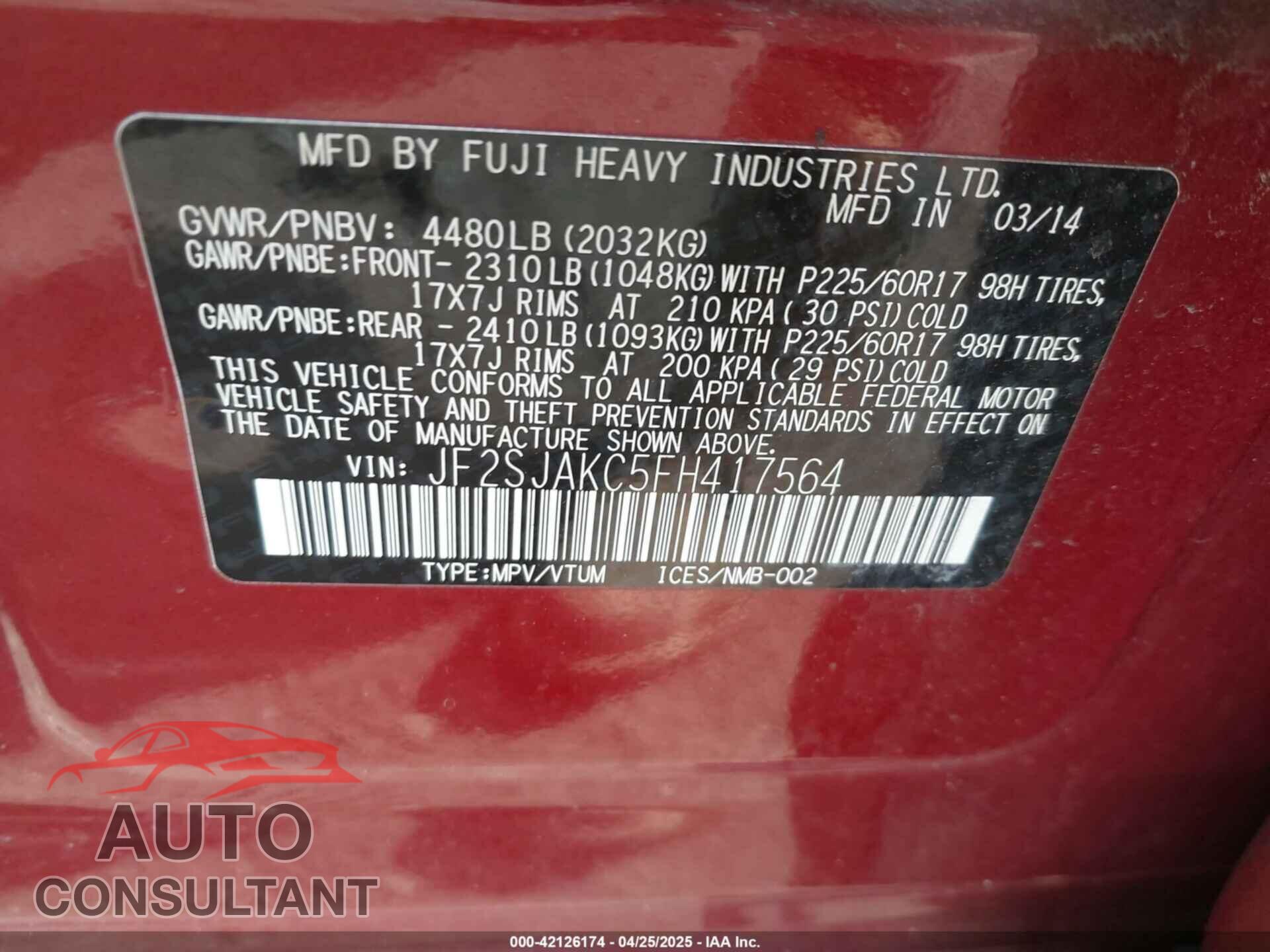 SUBARU FORESTER 2015 - JF2SJAKC5FH417564