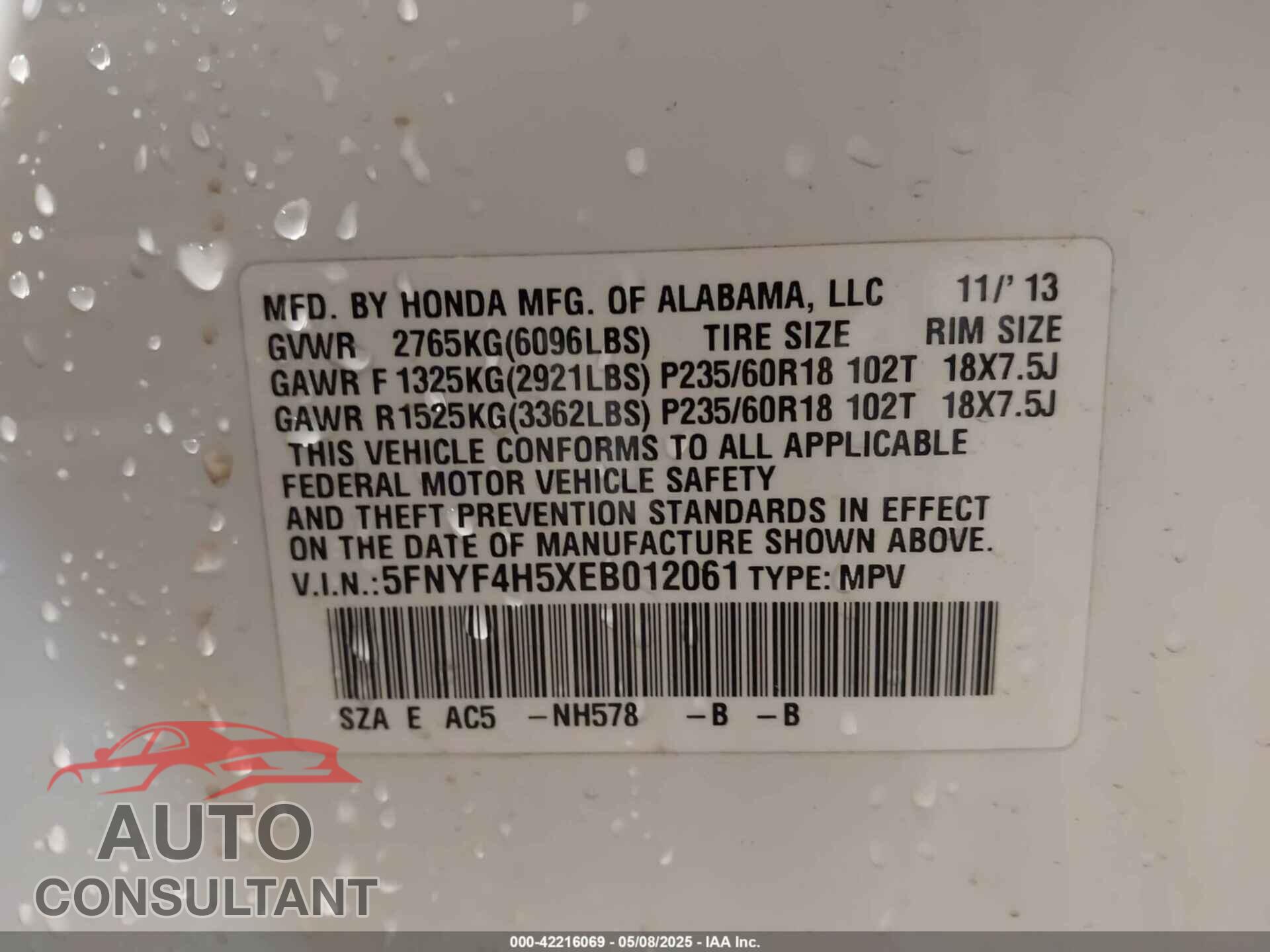 HONDA PILOT 2014 - 5FNYF4H5XEB012061