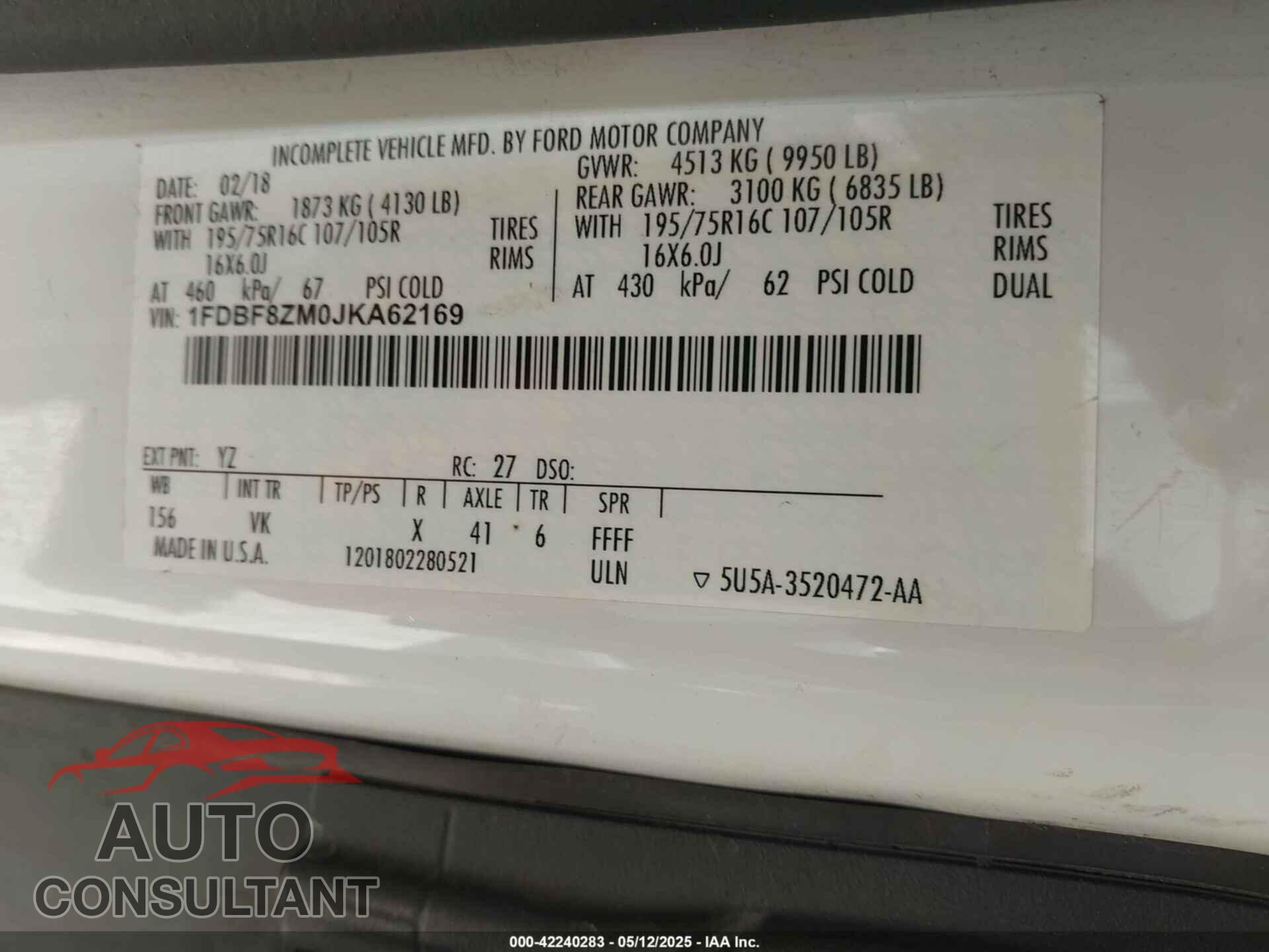 FORD TRANSIT-350 CAB 2018 - 1FDBF8ZM0JKA62169