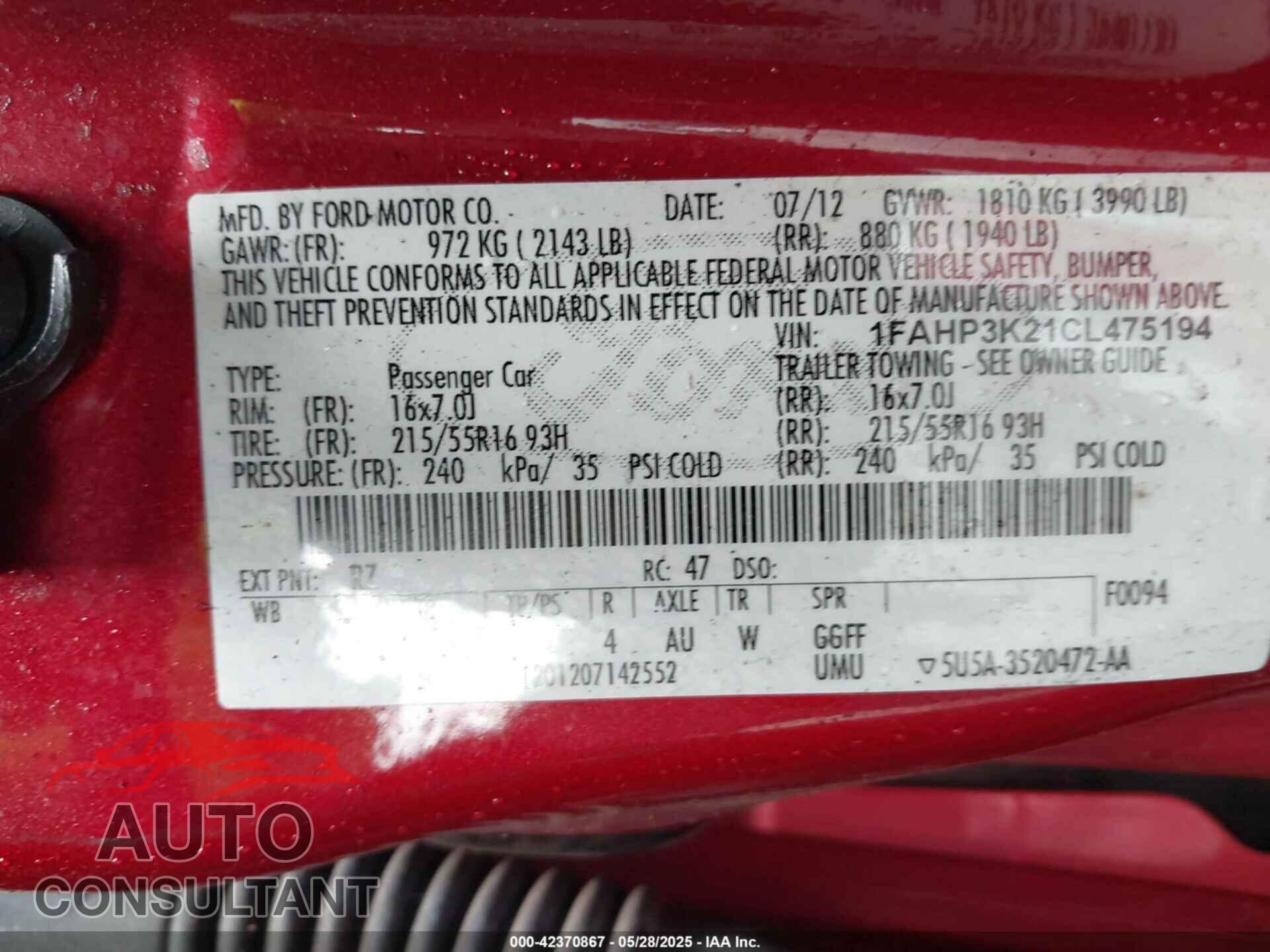 FORD FOCUS 2012 - 1FAHP3K21CL475194