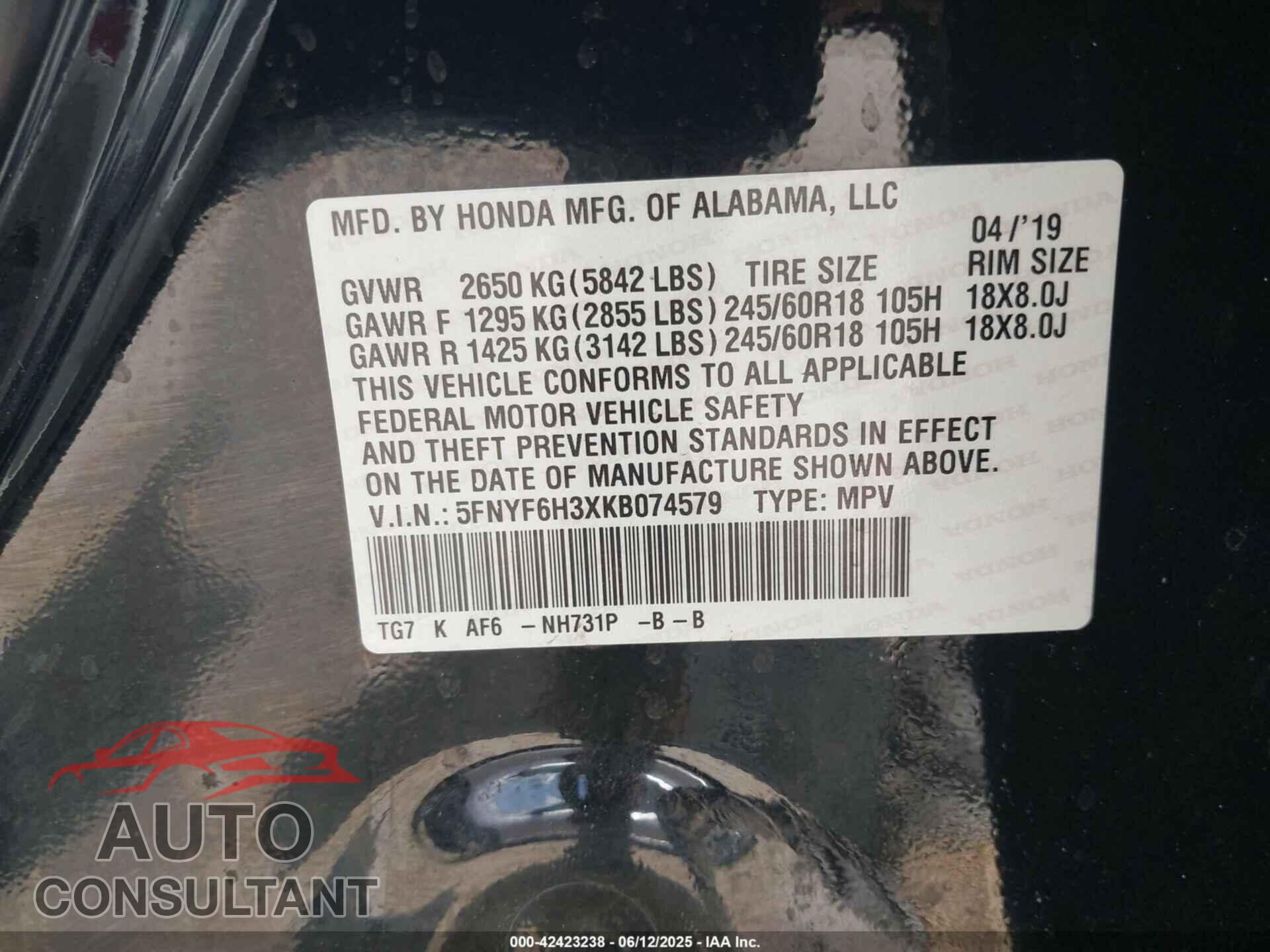 HONDA PILOT 2019 - 5FNYF6H3XKB074579
