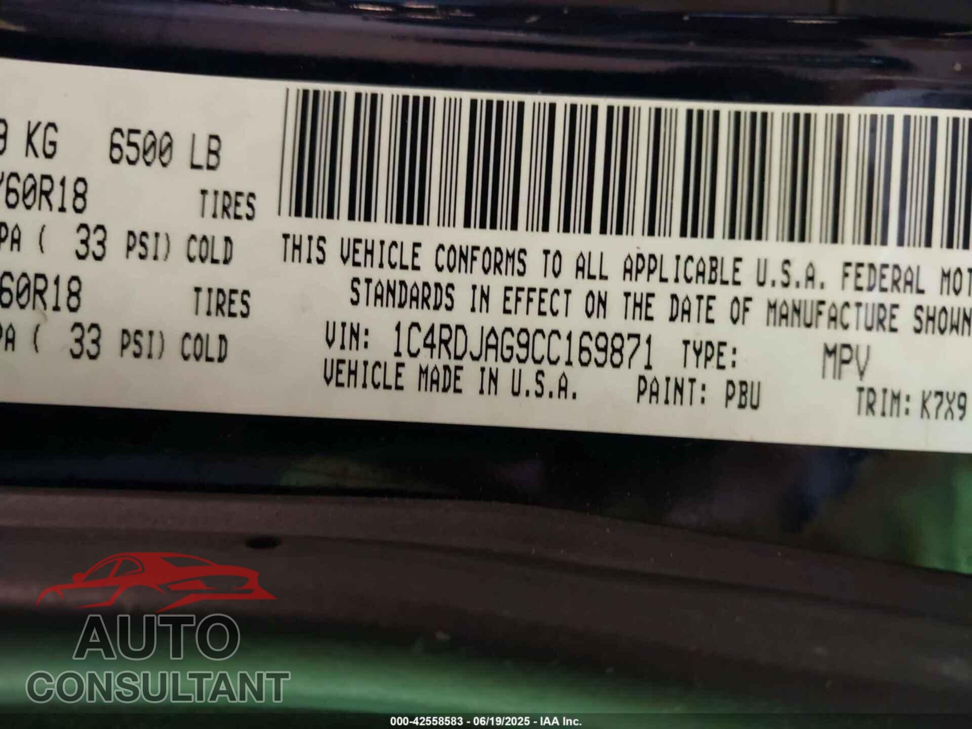 DODGE DURANGO 2012 - 1C4RDJAG9CC169871