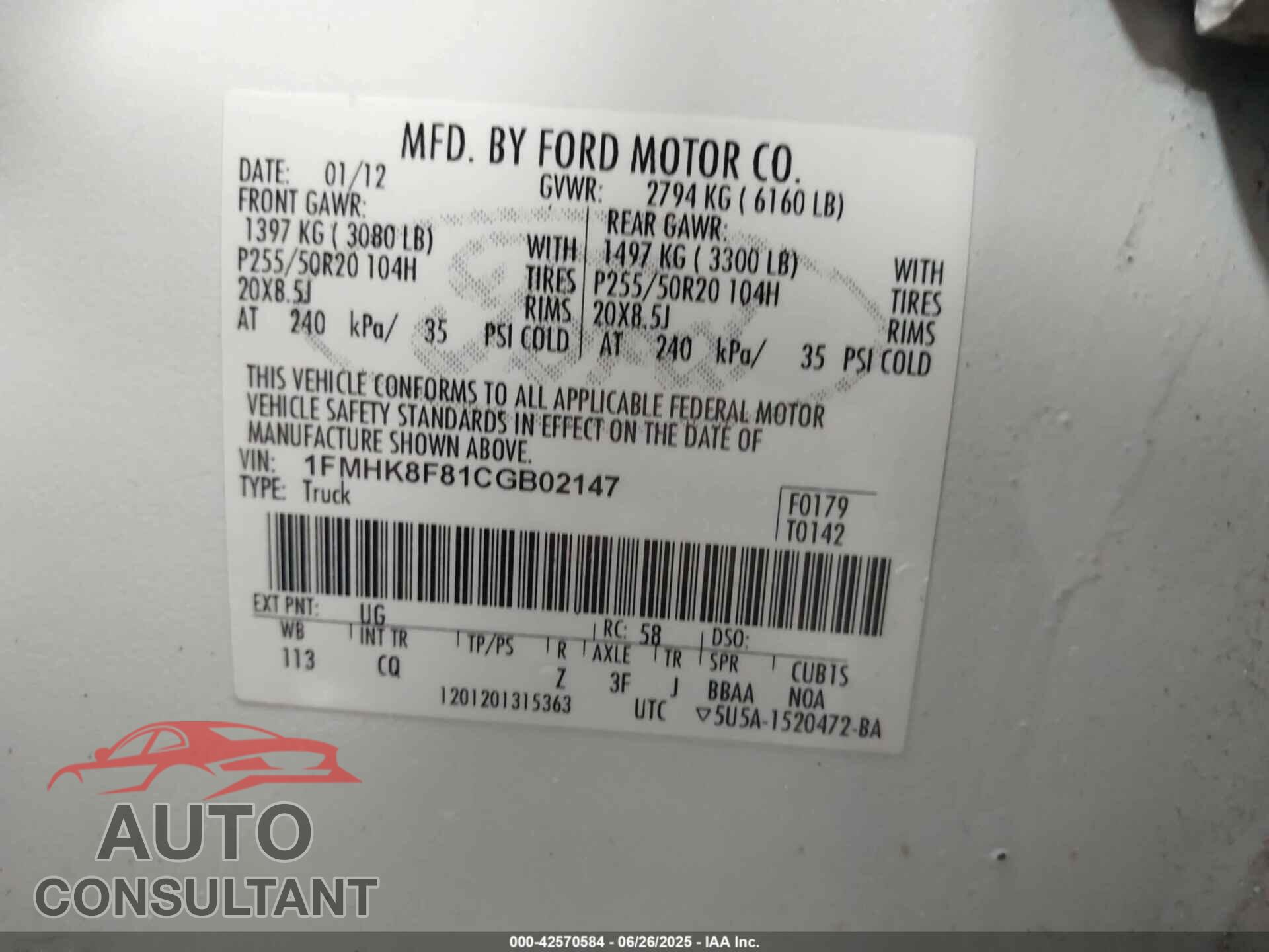 FORD EXPLORER 2012 - 1FMHK8F81CGB02147