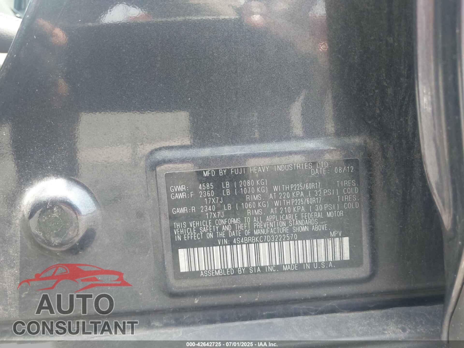 SUBARU OUTBACK 2013 - 4S4BRBKC7D3222570