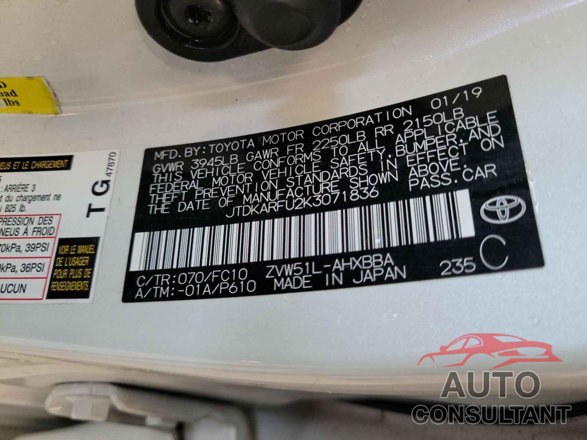 TOYOTA PRIUS 2019 - JTDKARFU2K3071836