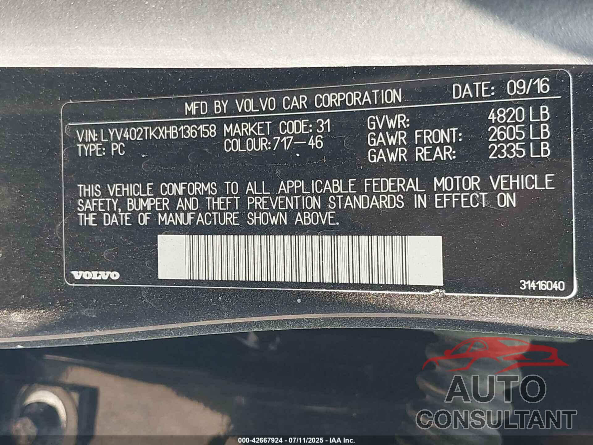 VOLVO S60 INSCRIPTION 2017 - LYV402TKXHB136158