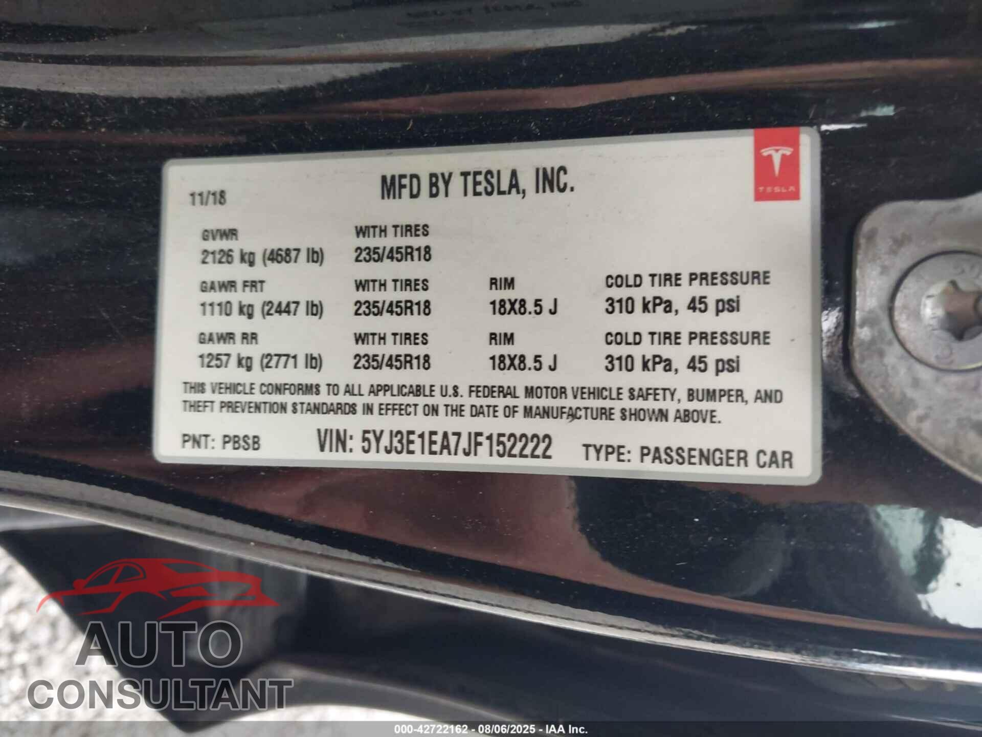 TESLA MODEL 3 2018 - 5YJ3E1EA7JF152222