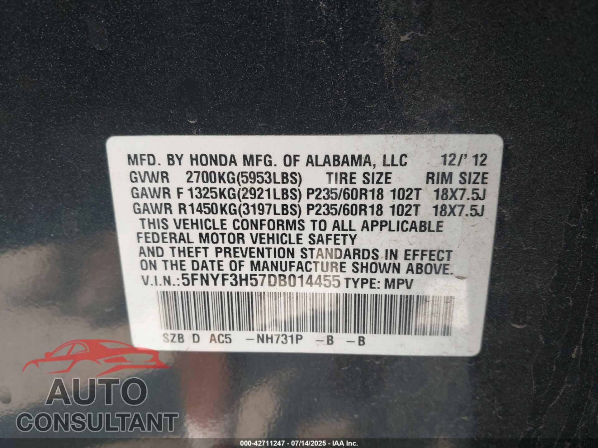 HONDA PILOT 2013 - 5FNYF3H57DB014455