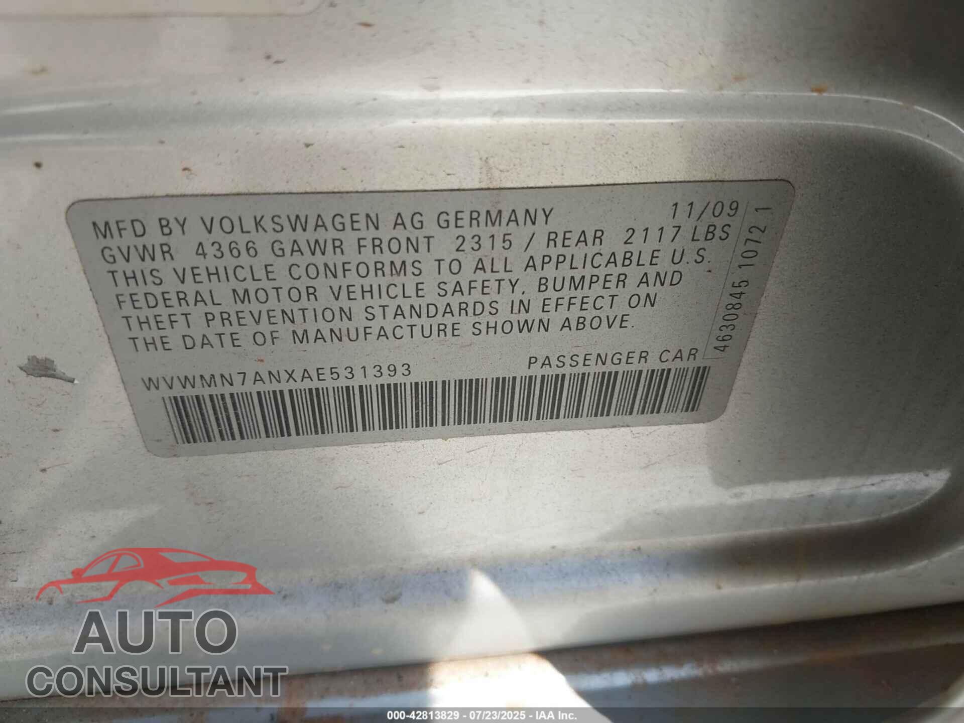 VOLKSWAGEN CC 2010 - WVWMN7ANXAE531393