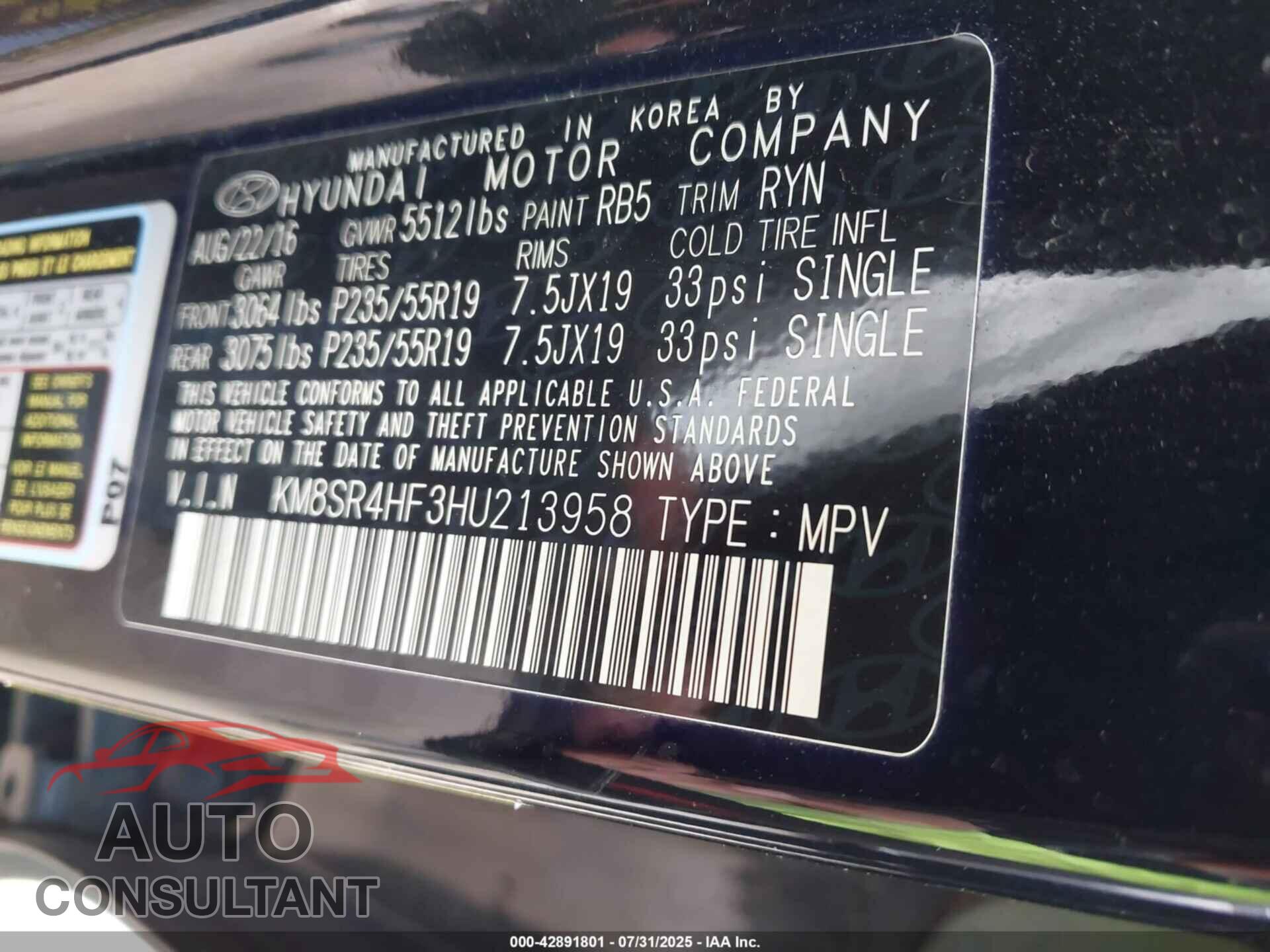 HYUNDAI SANTA FE 2017 - KM8SR4HF3HU213958