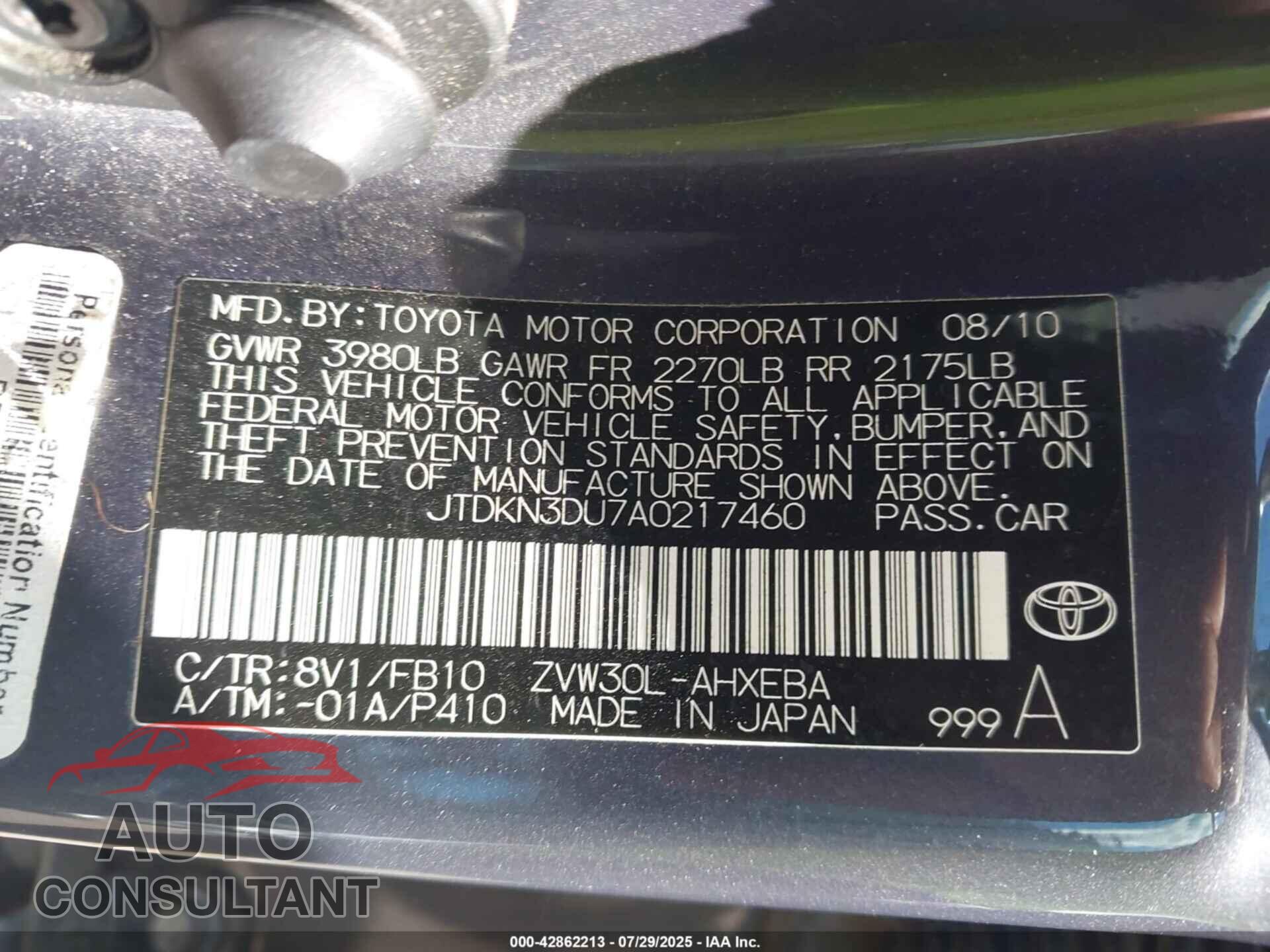 TOYOTA PRIUS 2010 - JTDKN3DU7A0217460